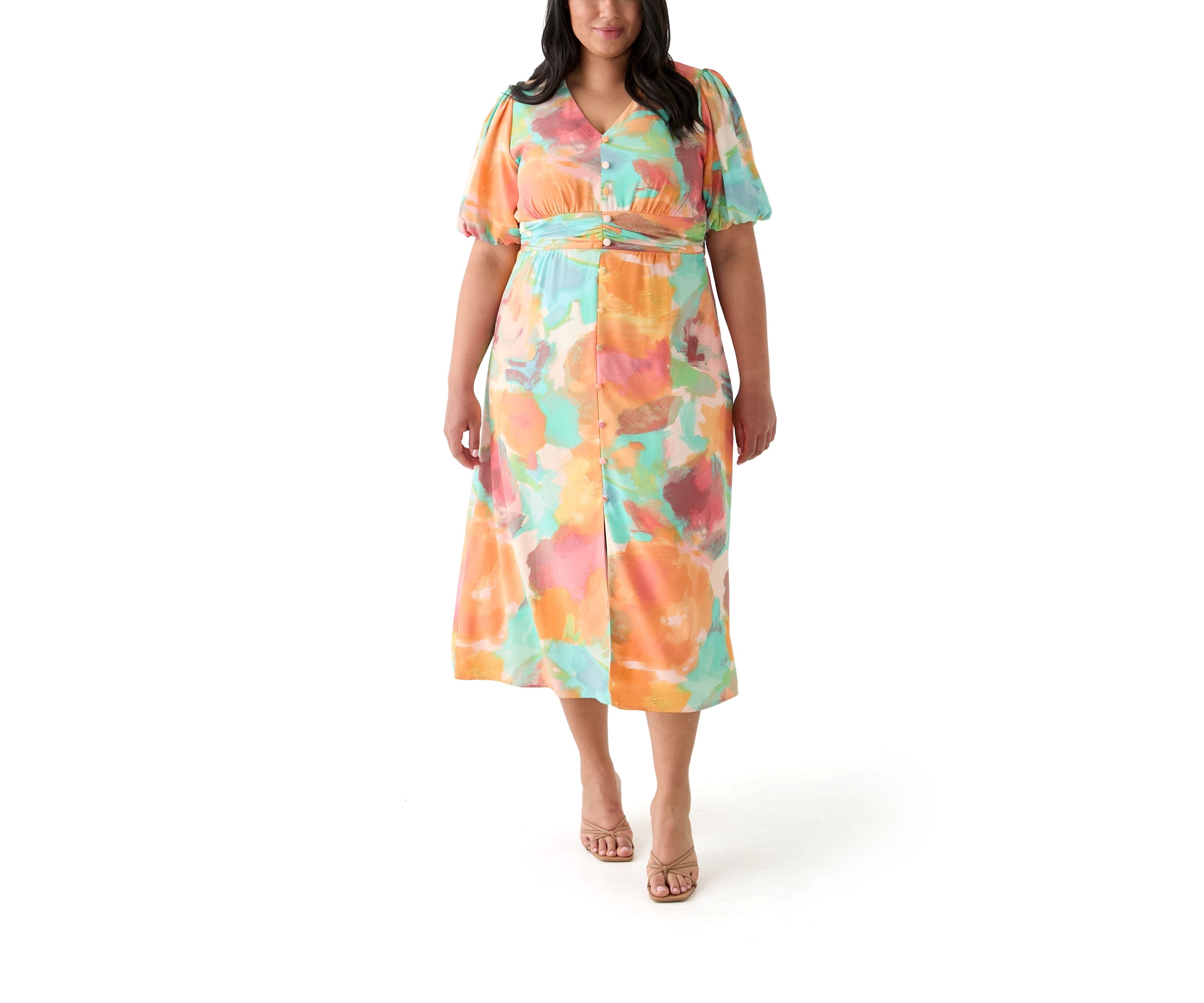 Plus Size Puff Sleeve V-Neck Printed Dress