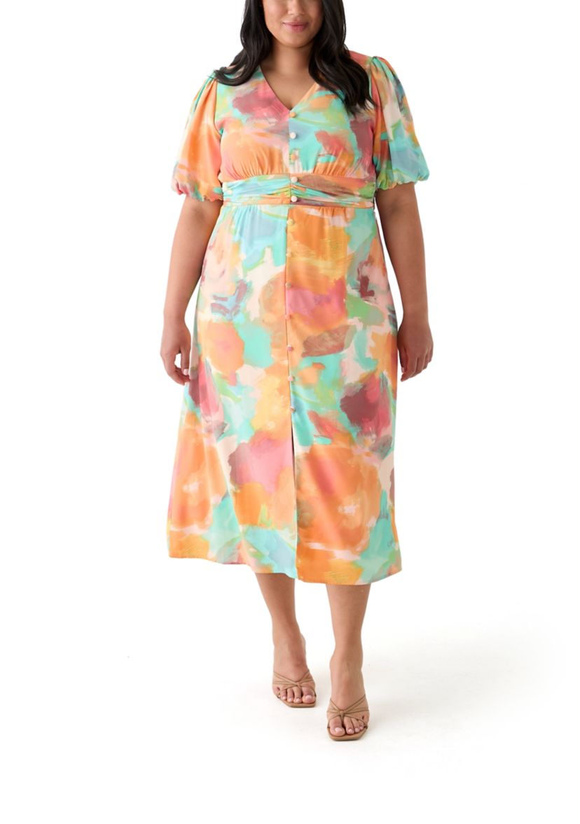 Plus Size Puff Sleeve V-Neck Printed Dress