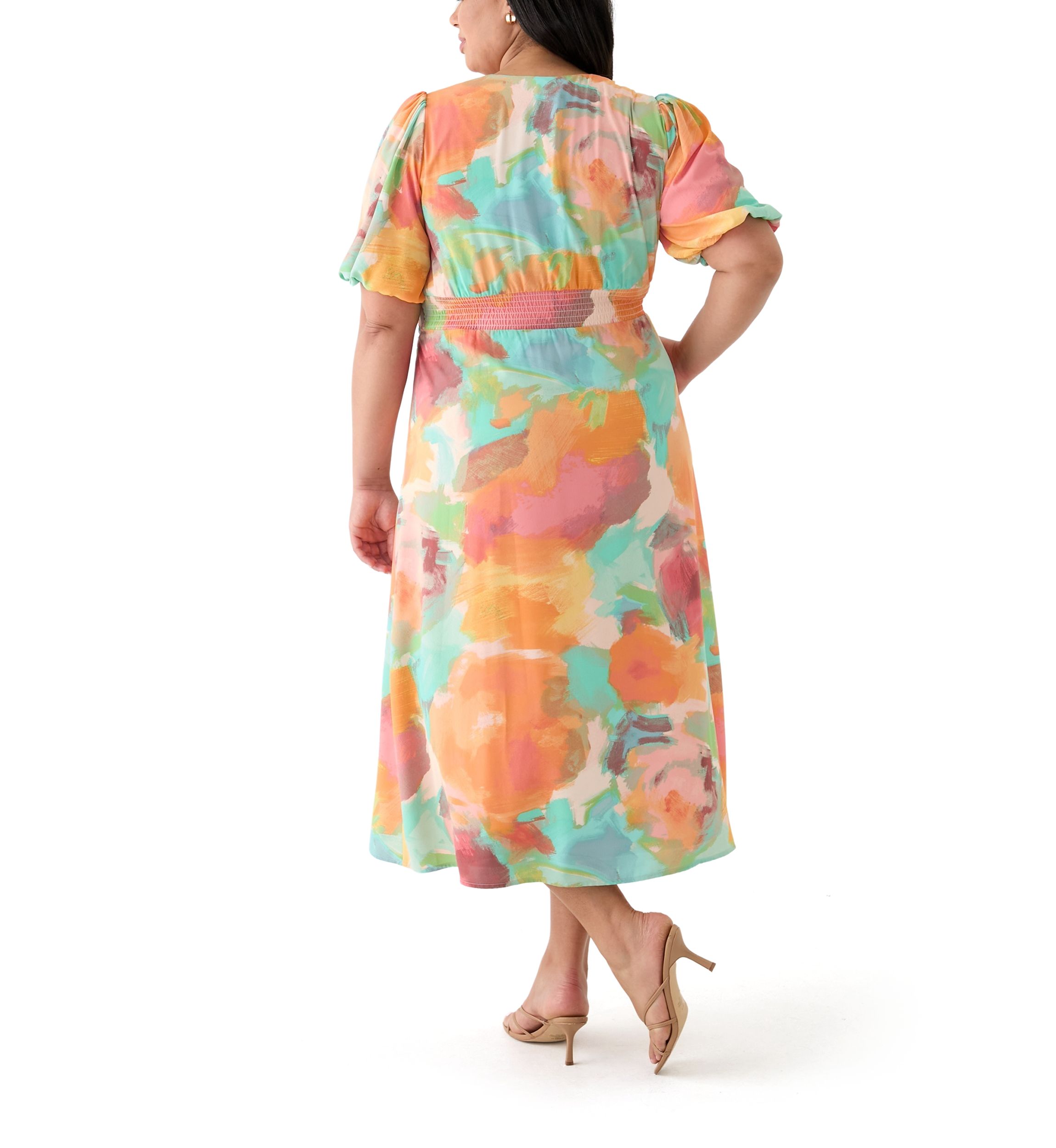 Plus Size Puff Sleeve V-Neck Printed Dress