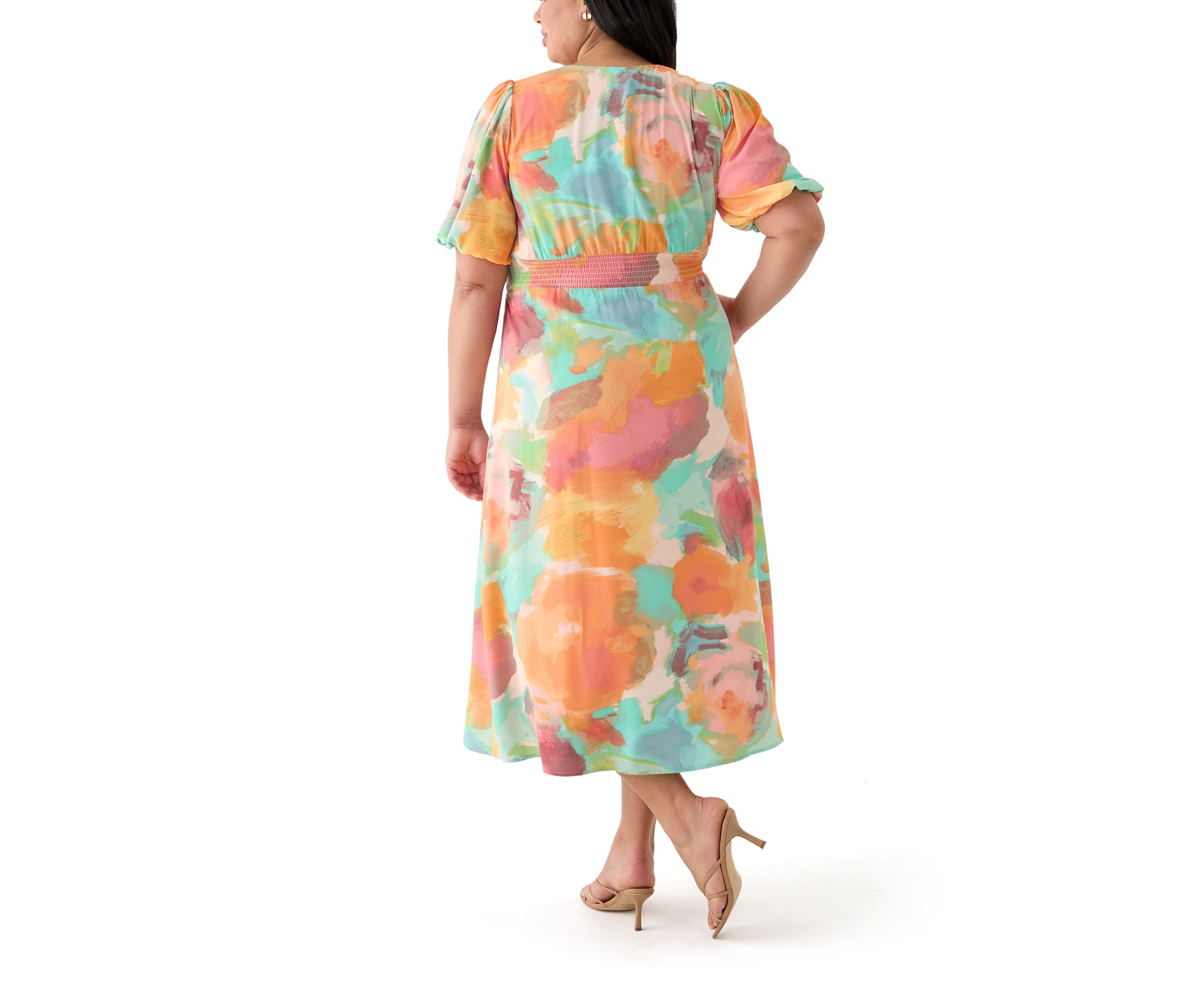 Plus Size Puff Sleeve V-Neck Printed Dress