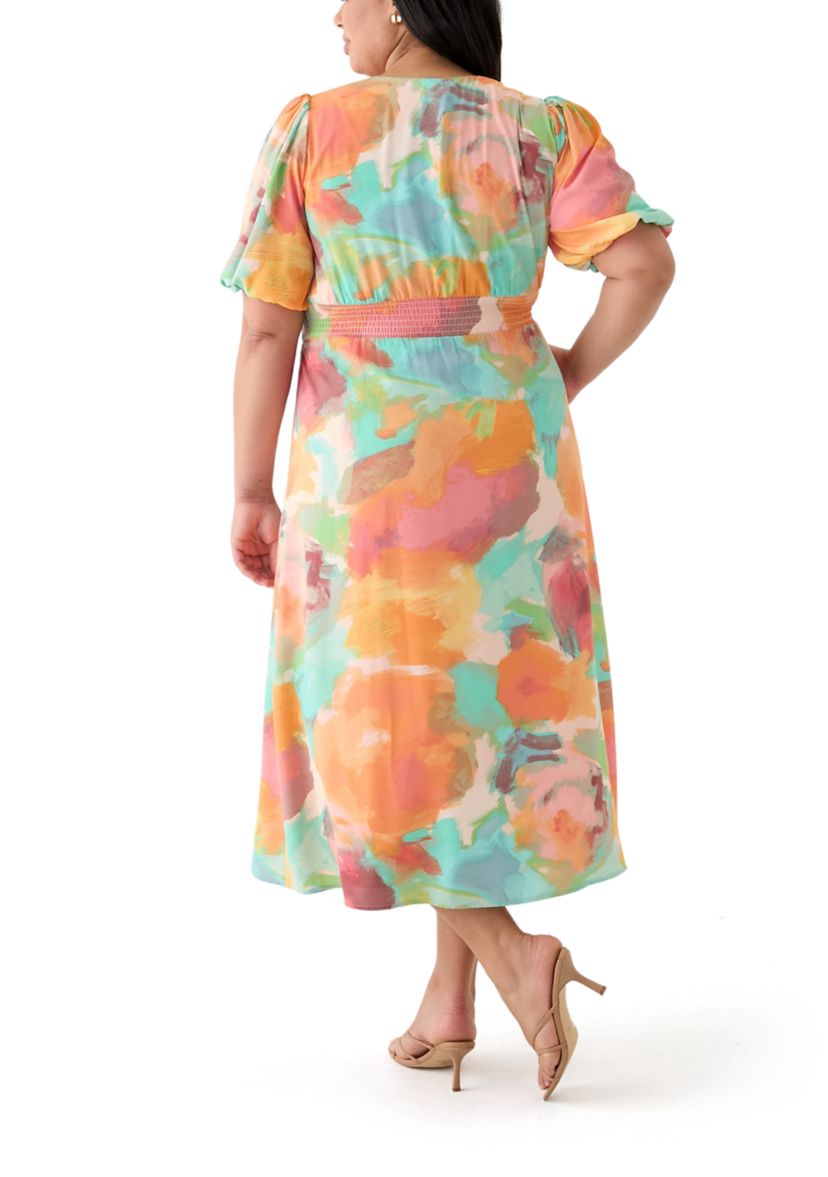 Plus Size Puff Sleeve V-Neck Printed Dress