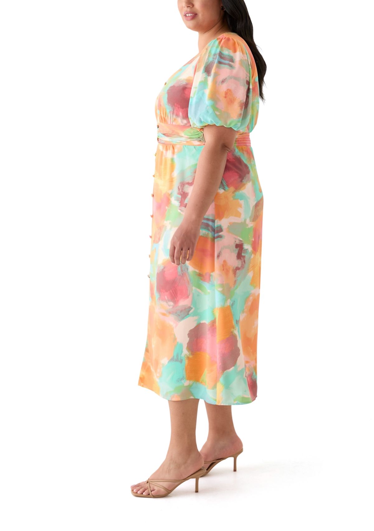 Plus Size Puff Sleeve V-Neck Printed Dress