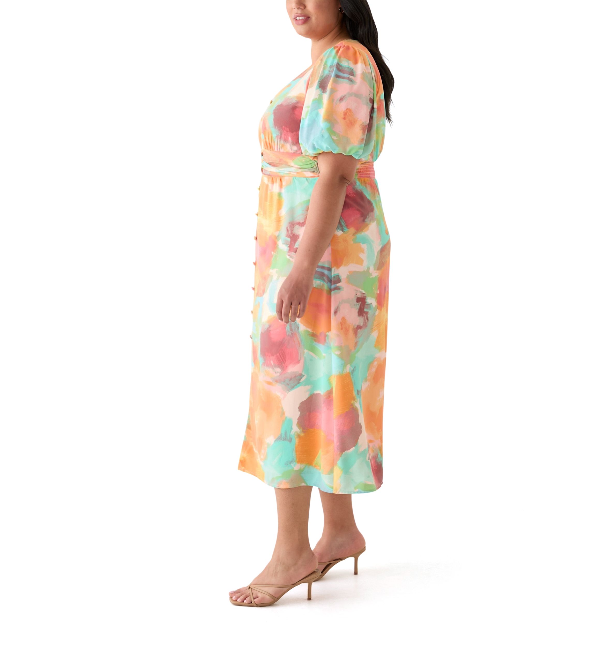 Plus Size Puff Sleeve V-Neck Printed Dress