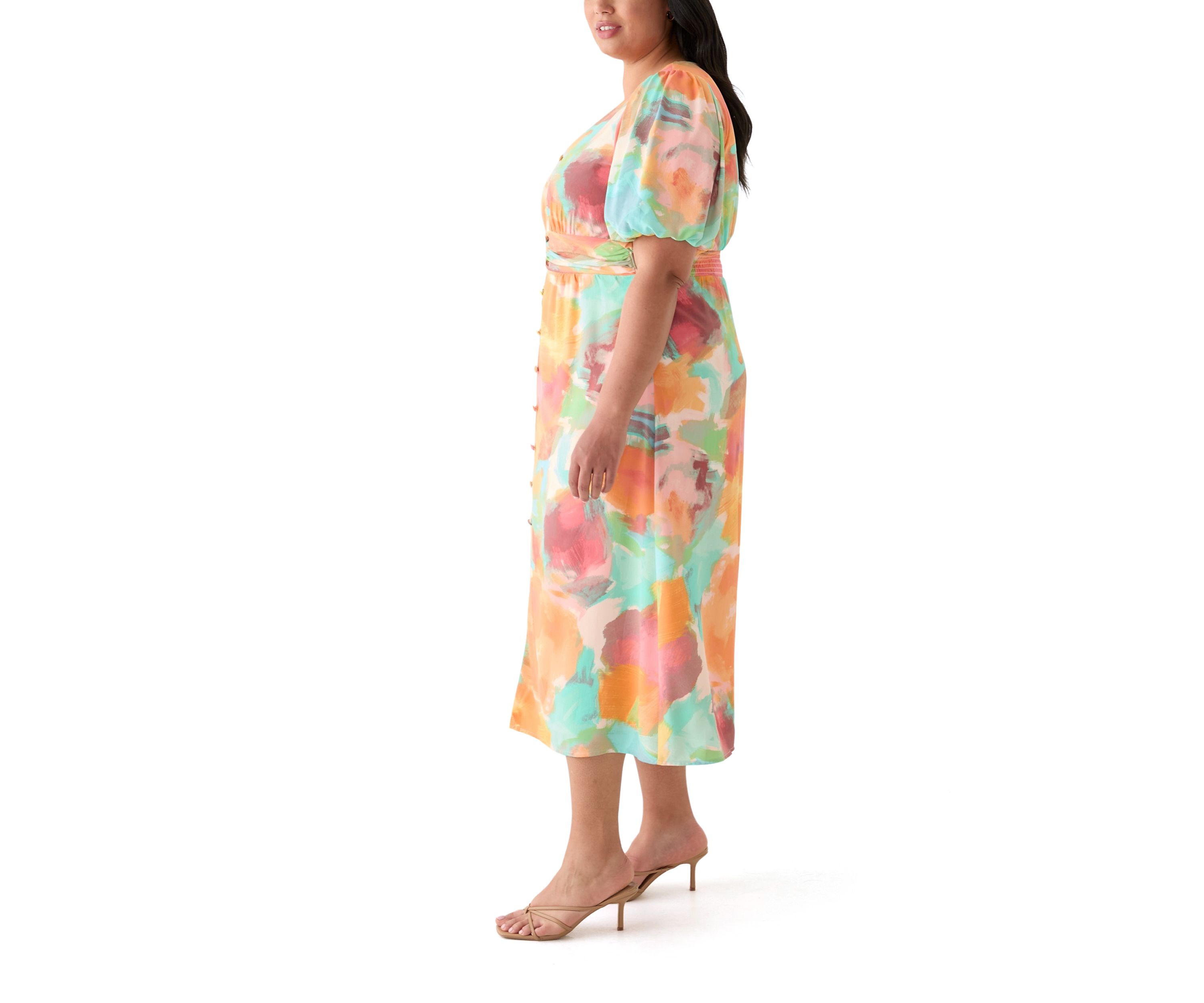 Plus Size Puff Sleeve V-Neck Printed Dress