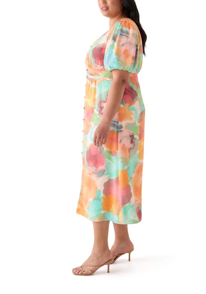 Plus Size Puff Sleeve V-Neck Printed Dress