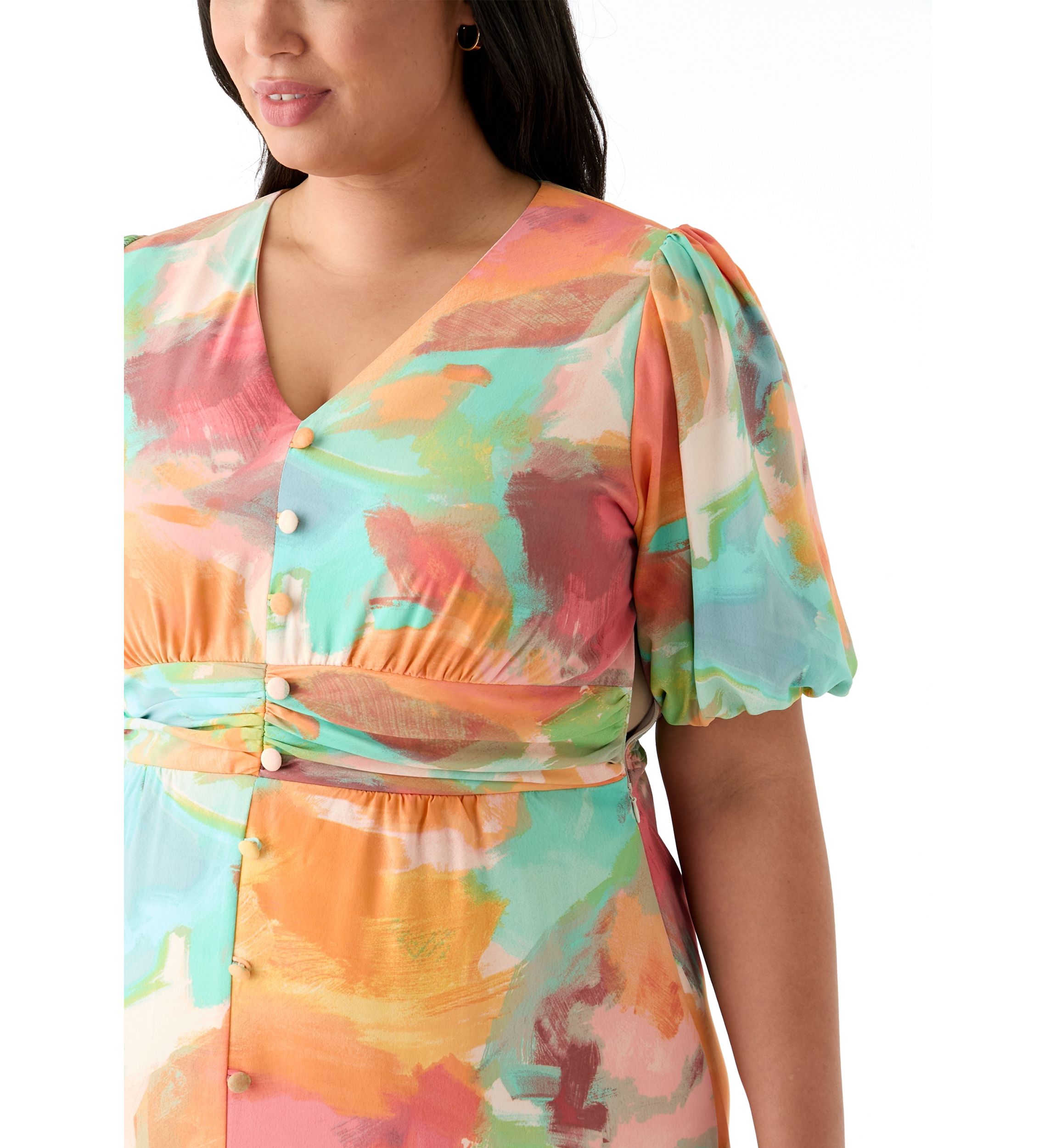 Plus Size Puff Sleeve V-Neck Printed Dress