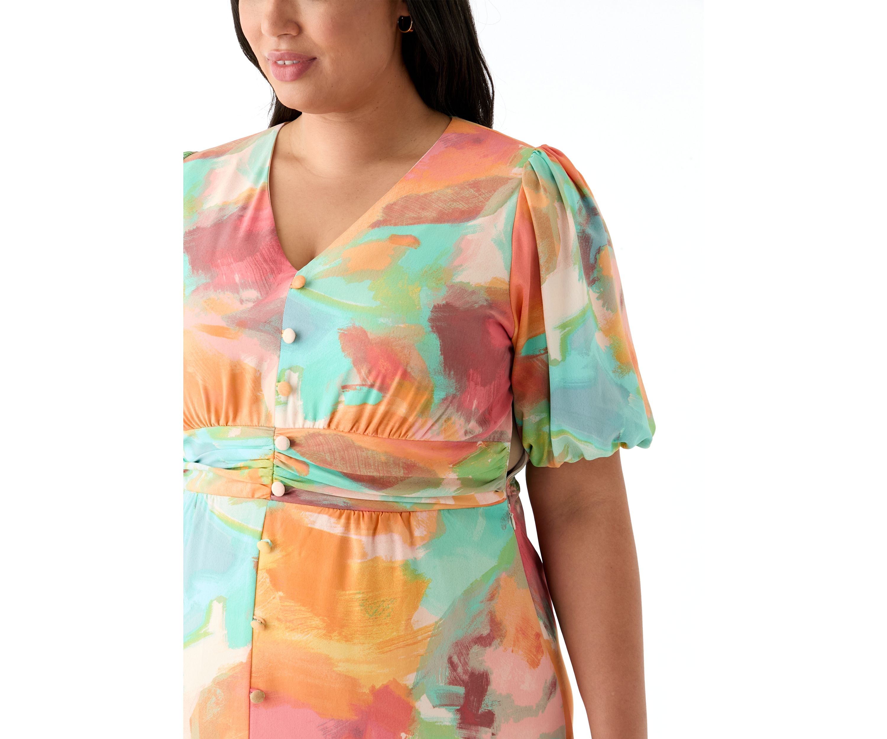 Plus Size Puff Sleeve V-Neck Printed Dress