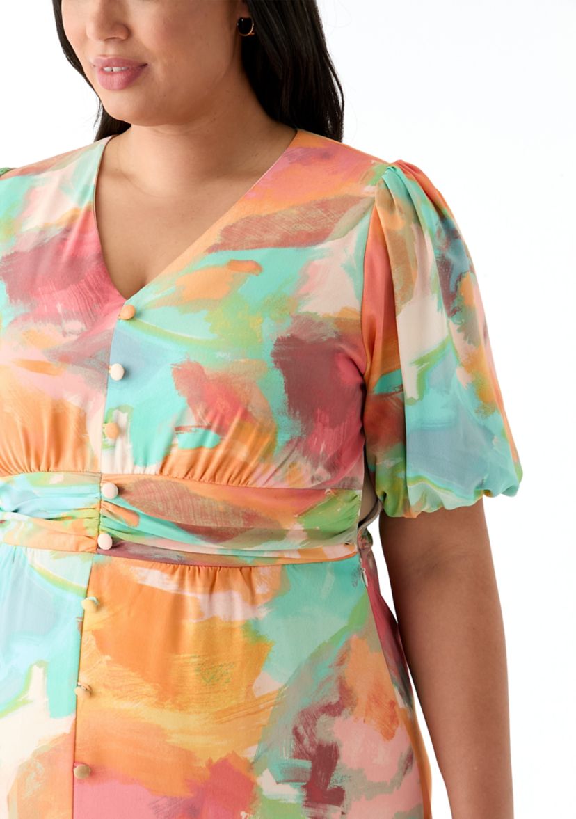 Plus Size Puff Sleeve V-Neck Printed Dress