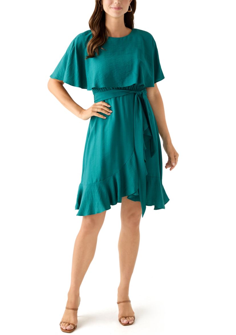 Womens Short Sleeve Crew Neck Chiffon Fit & Flare Dress