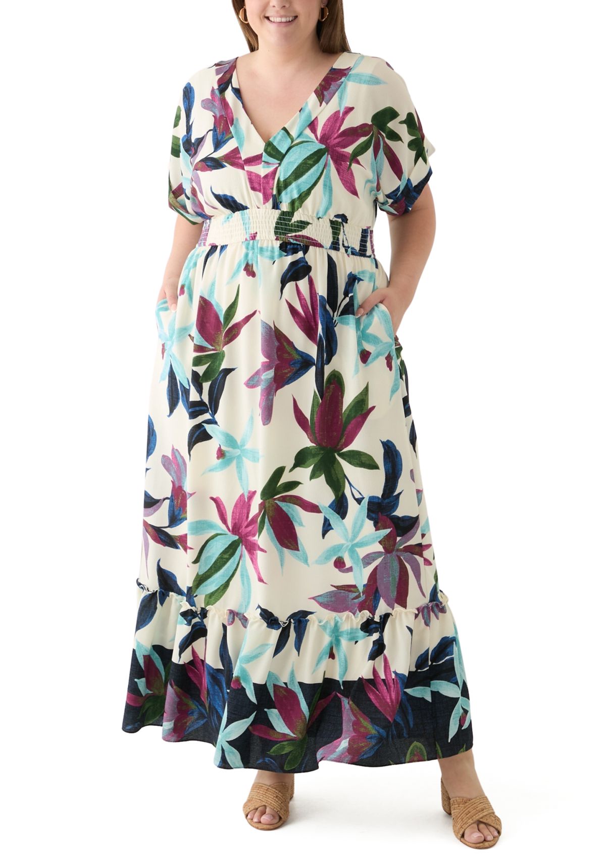 Plus Size Short Sleeve V-Neck Floral Print Crepe Maxi Dress