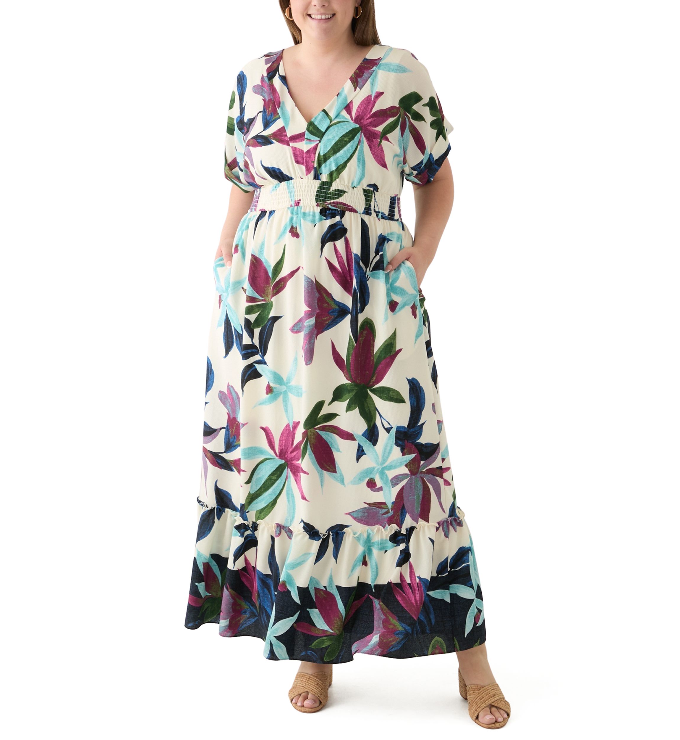 Plus Size Short Sleeve V-Neck Floral Print Crepe Maxi Dress