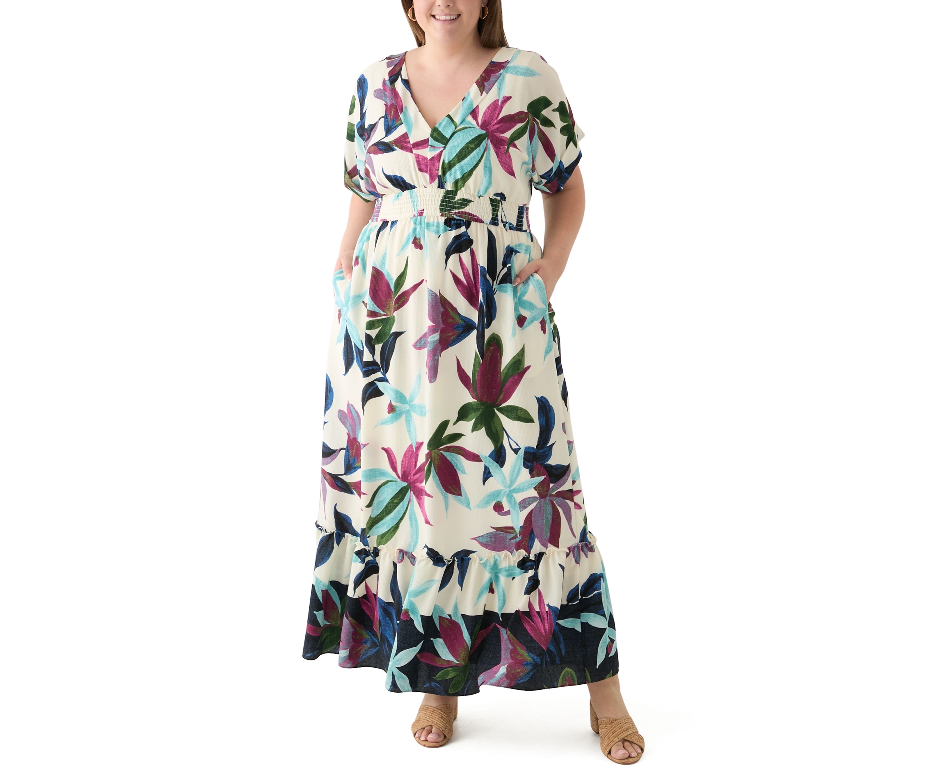 Plus Size Short Sleeve V-Neck Floral Print Crepe Maxi Dress