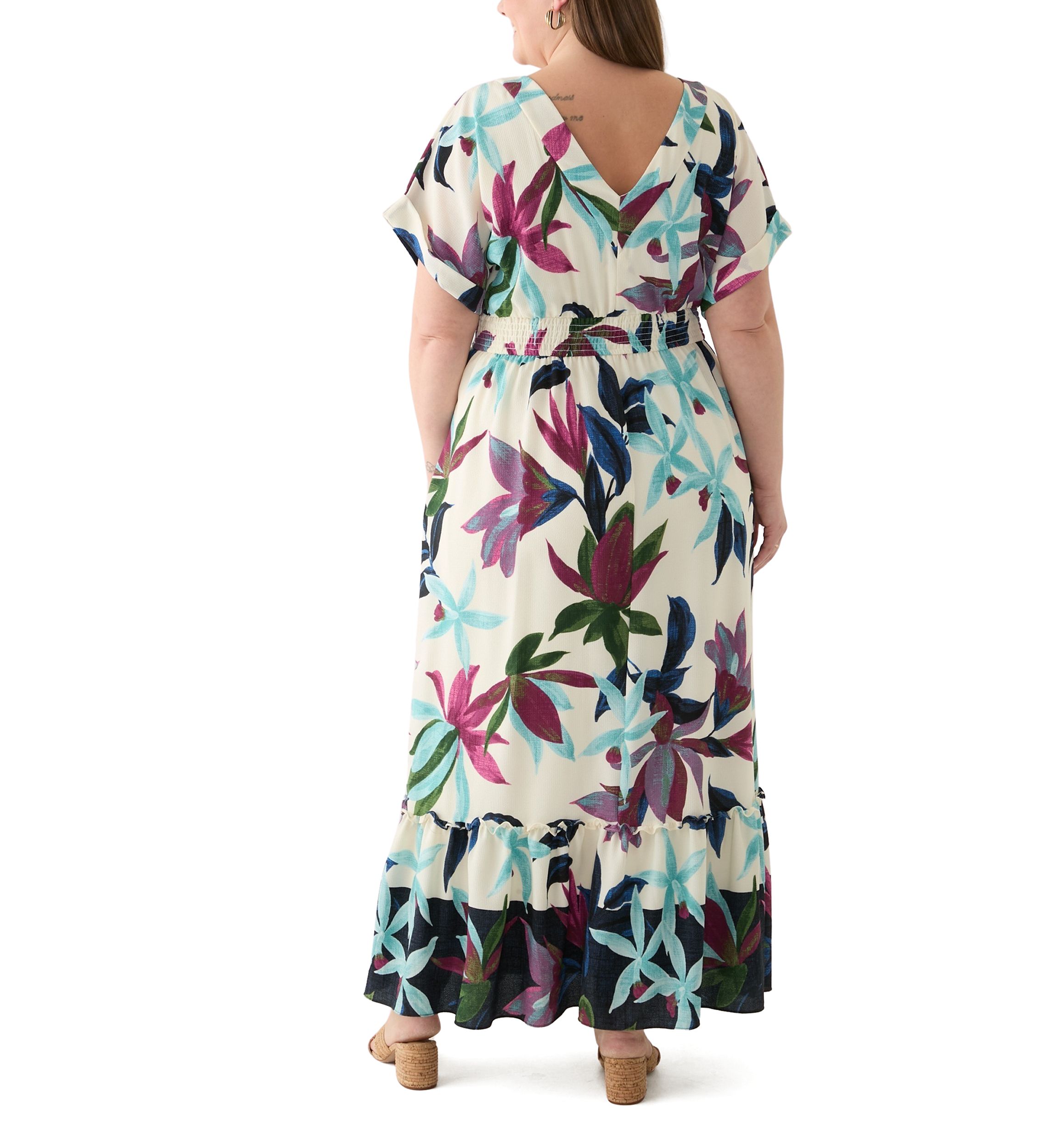 Plus Size Short Sleeve V-Neck Floral Print Crepe Maxi Dress