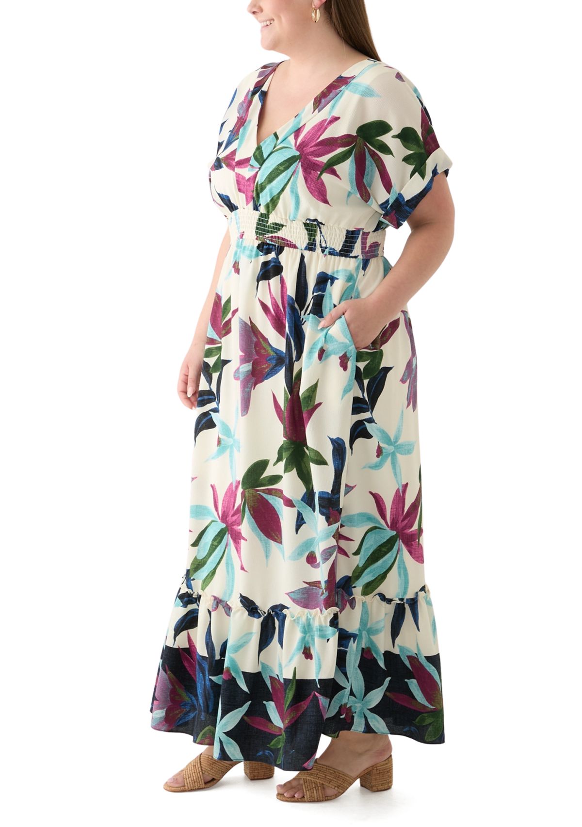 Plus Size Short Sleeve V-Neck Floral Print Crepe Maxi Dress