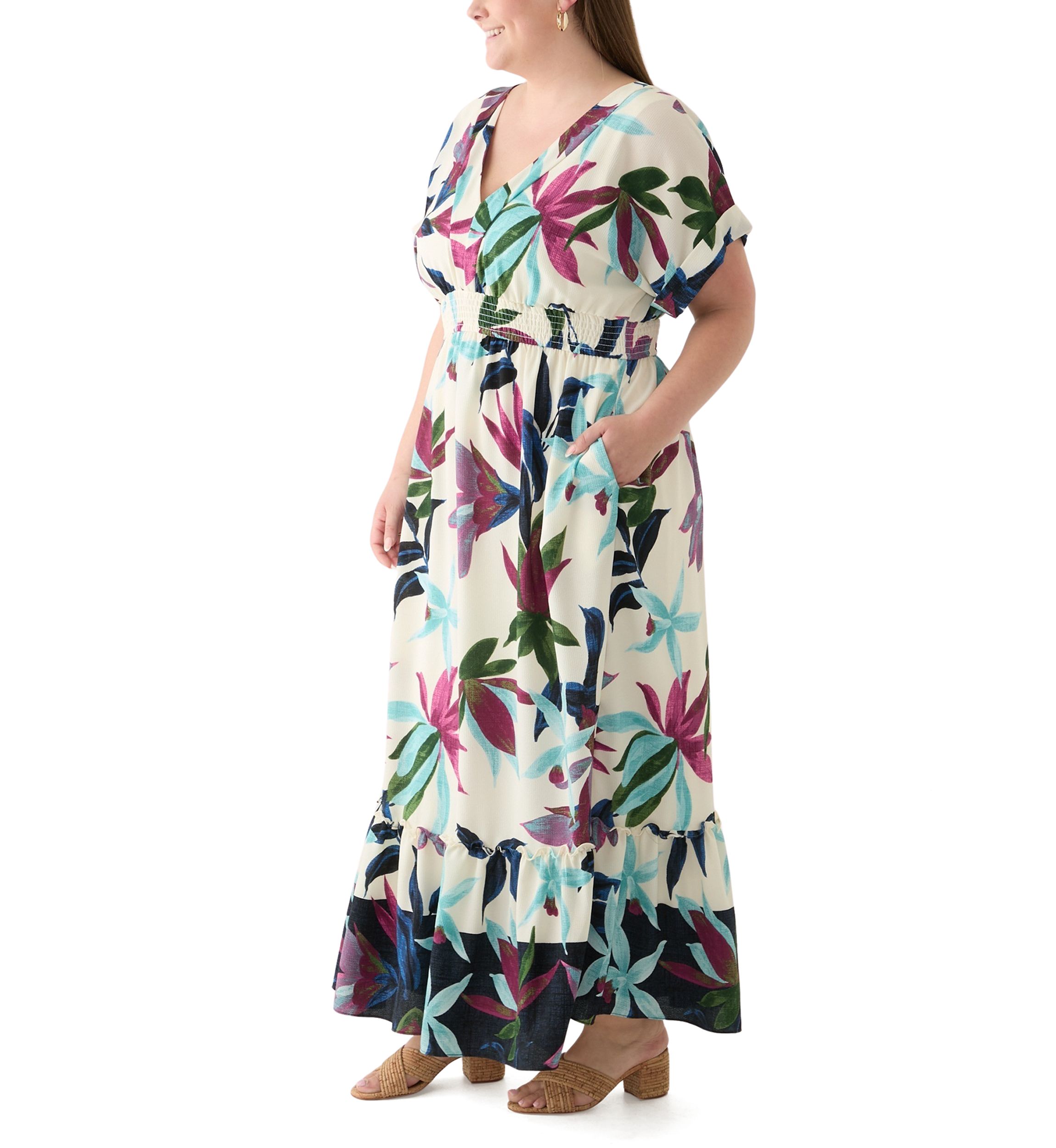 Plus Size Short Sleeve V-Neck Floral Print Crepe Maxi Dress