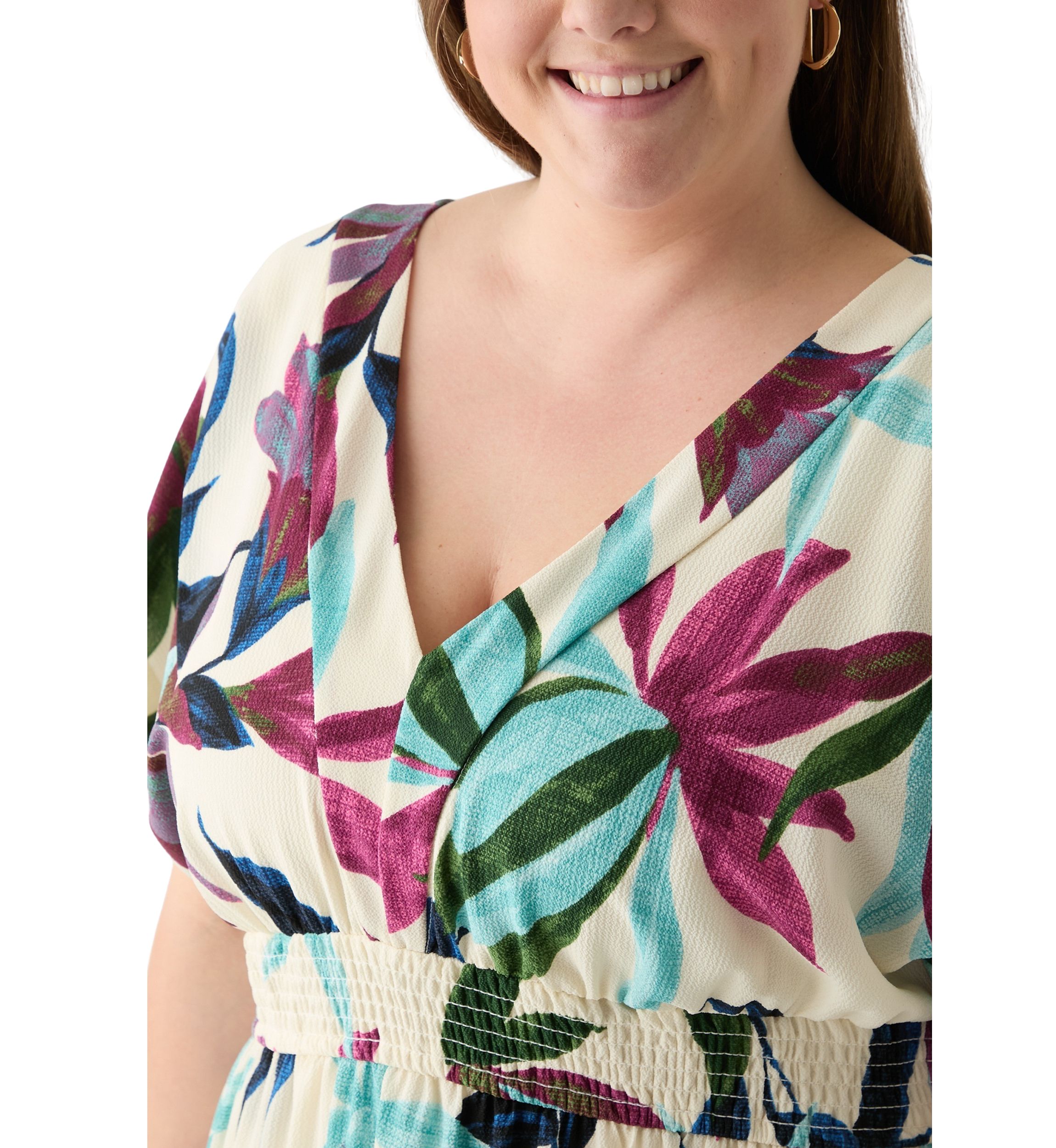 Plus Size Short Sleeve V-Neck Floral Print Crepe Maxi Dress