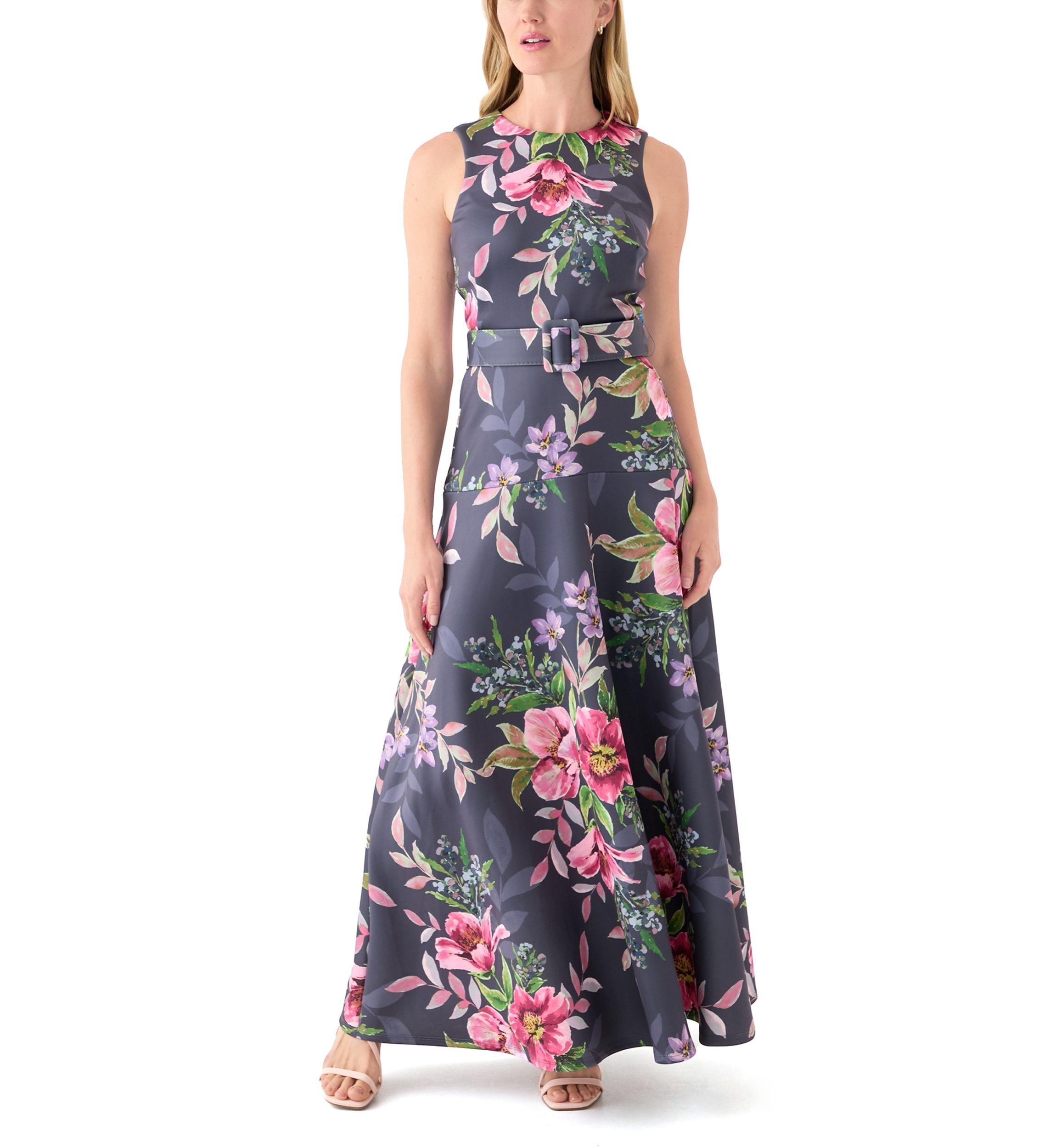 Womens Sleeveless Crew Neck Floral Print Maxi Dress