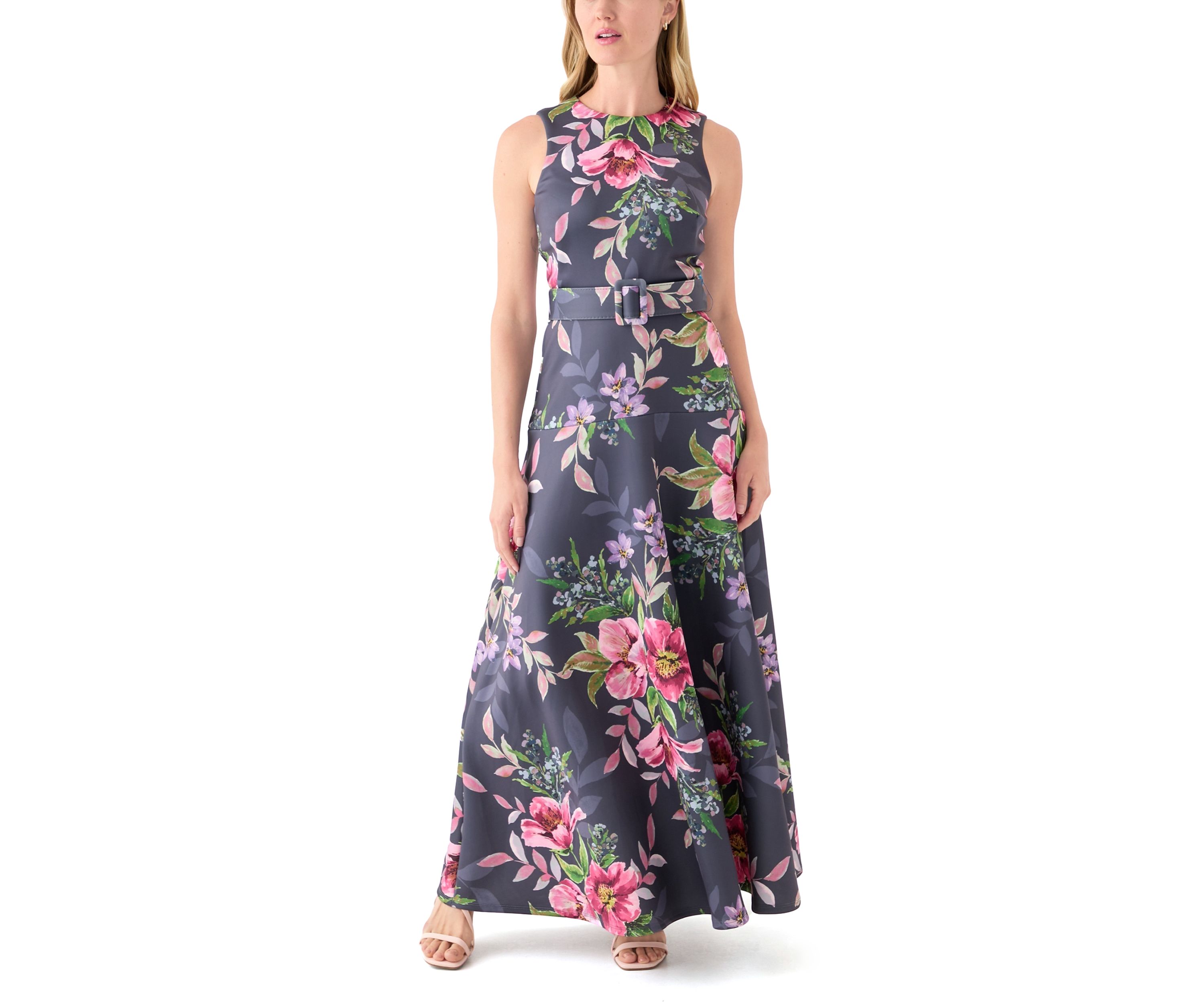Womens Sleeveless Crew Neck Floral Print Maxi Dress