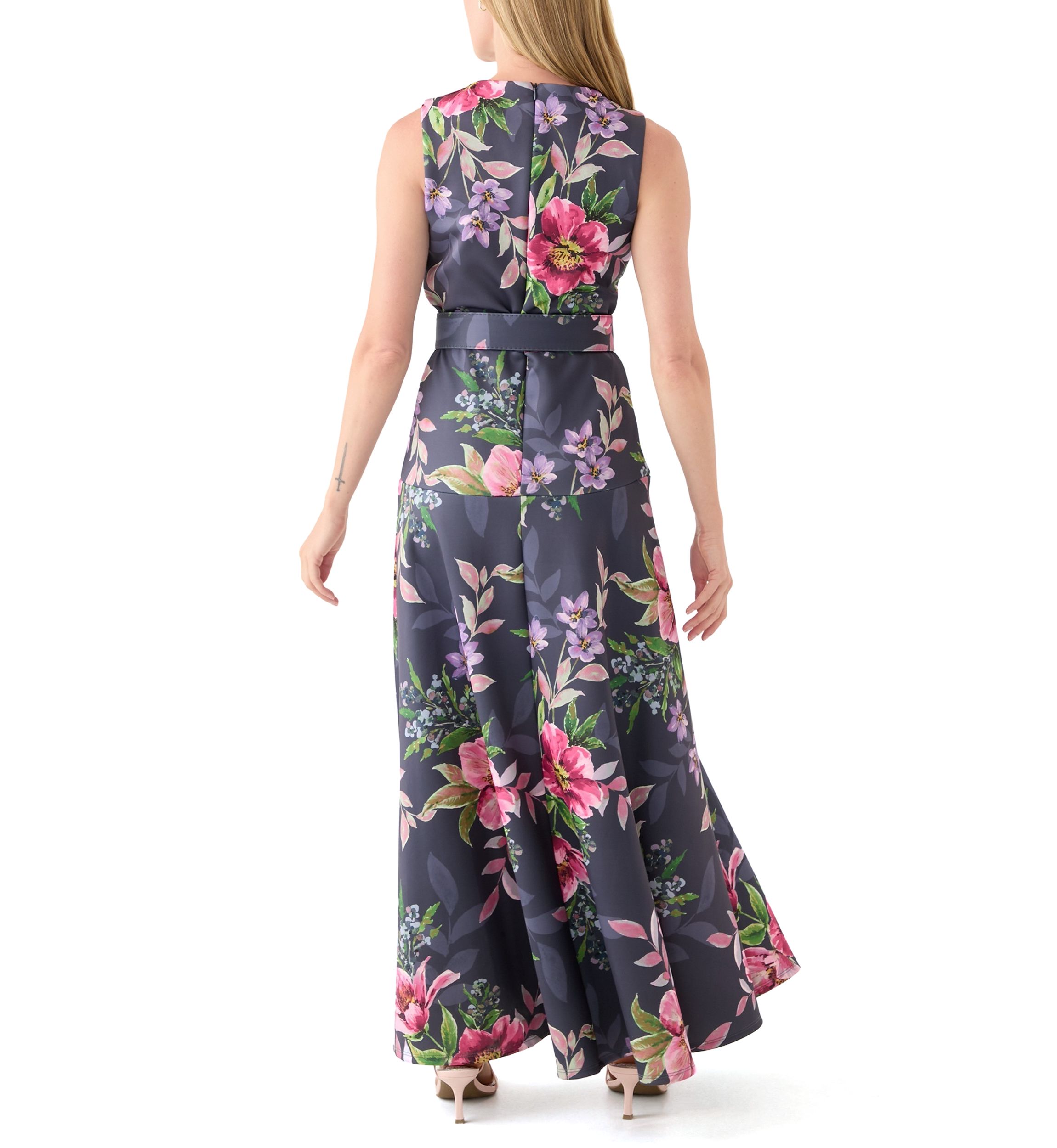 Womens Sleeveless Crew Neck Floral Print Maxi Dress