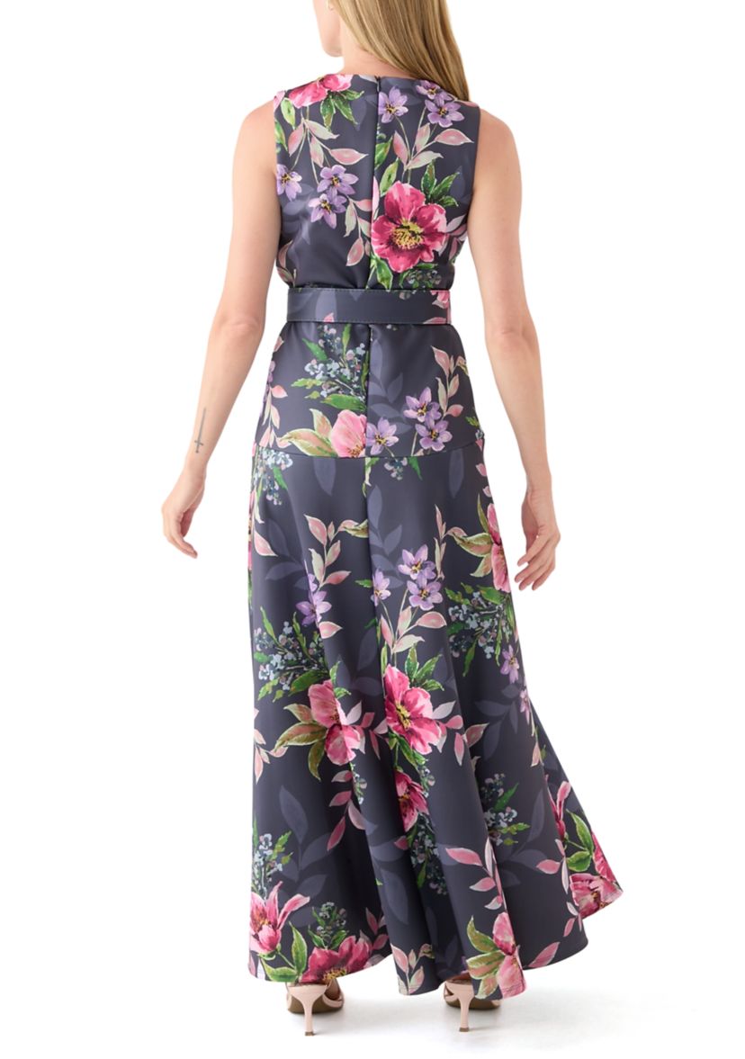 Womens Sleeveless Crew Neck Floral Print Maxi Dress