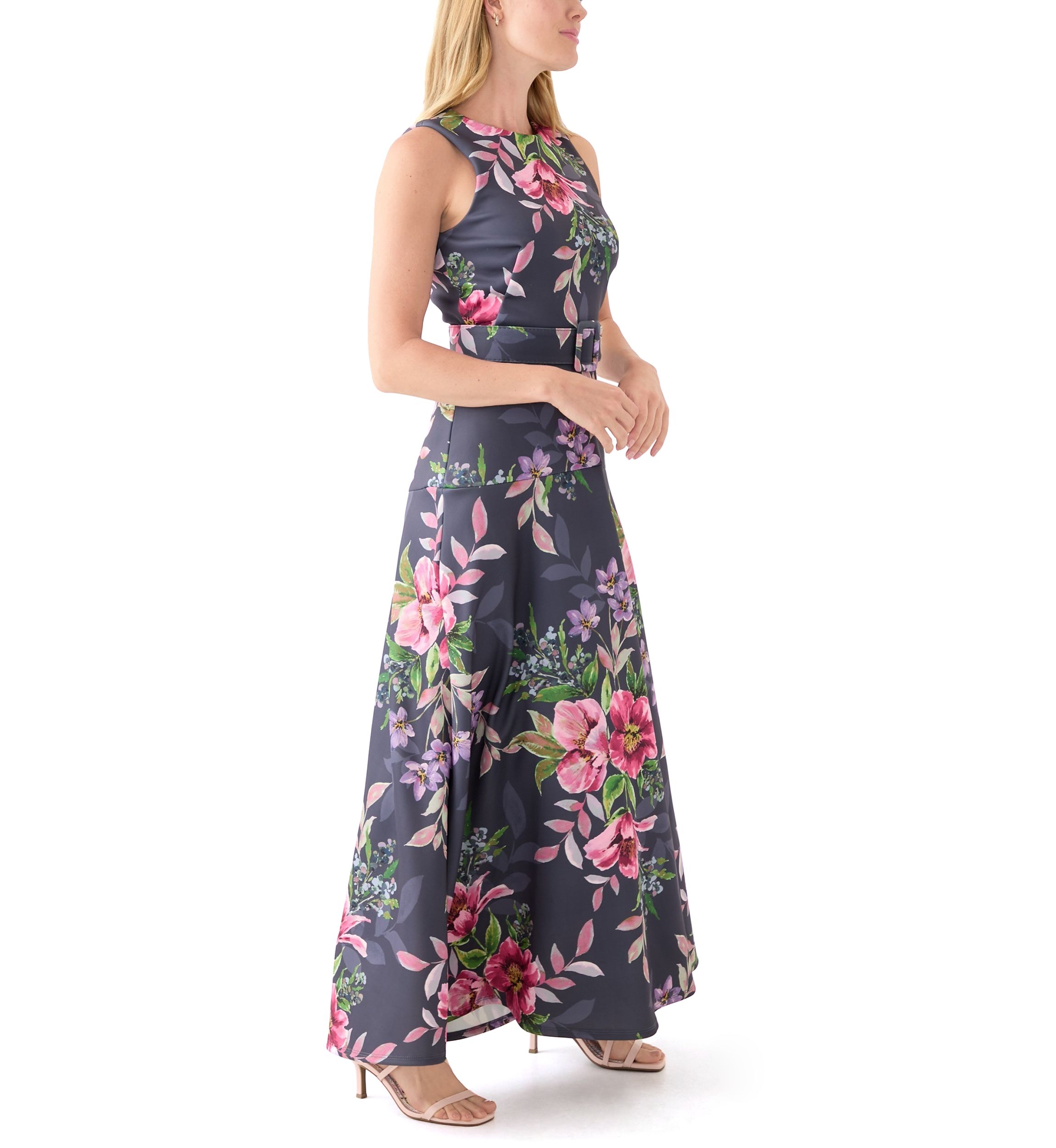 Womens Sleeveless Crew Neck Floral Print Maxi Dress
