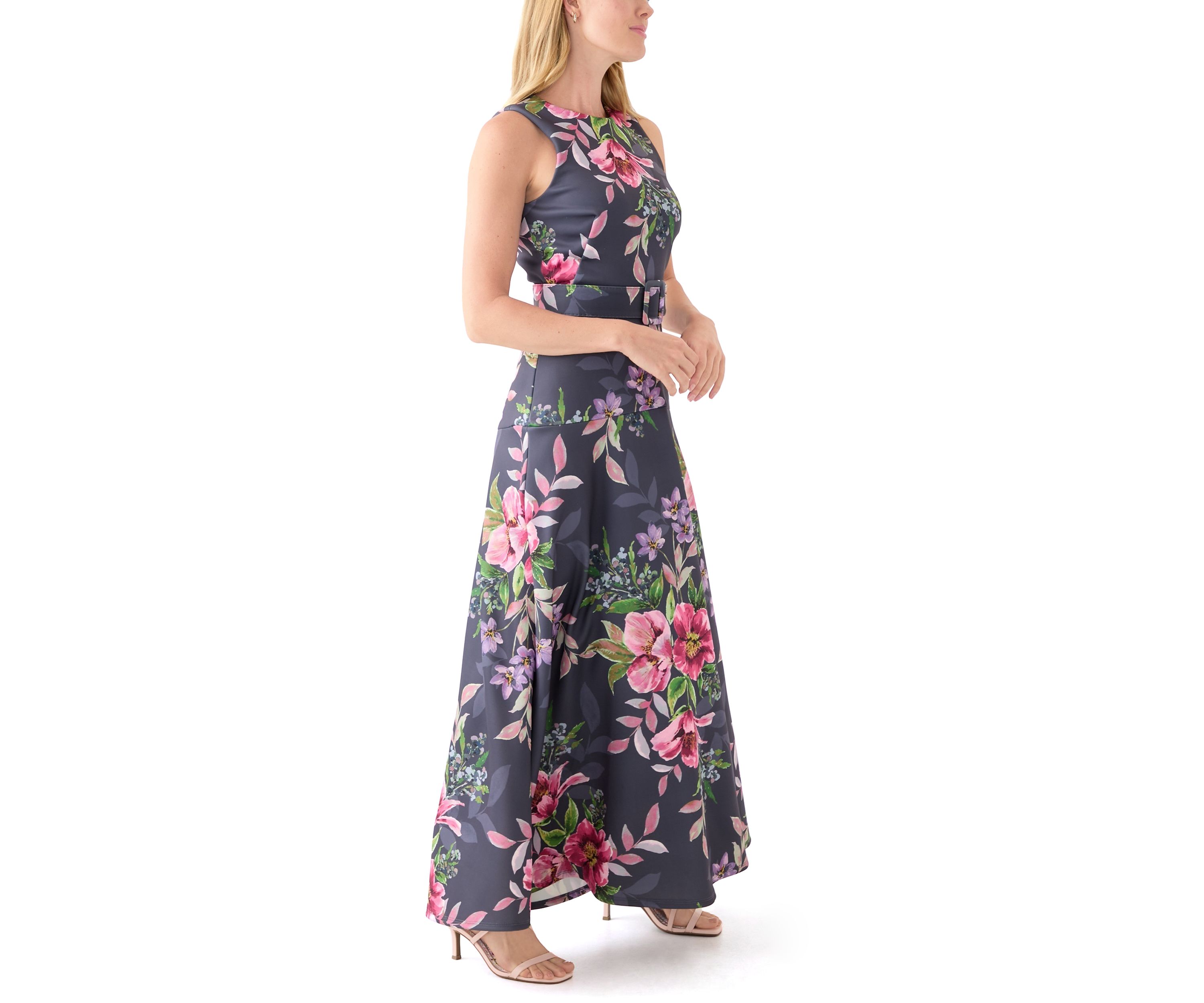 Womens Sleeveless Crew Neck Floral Print Maxi Dress