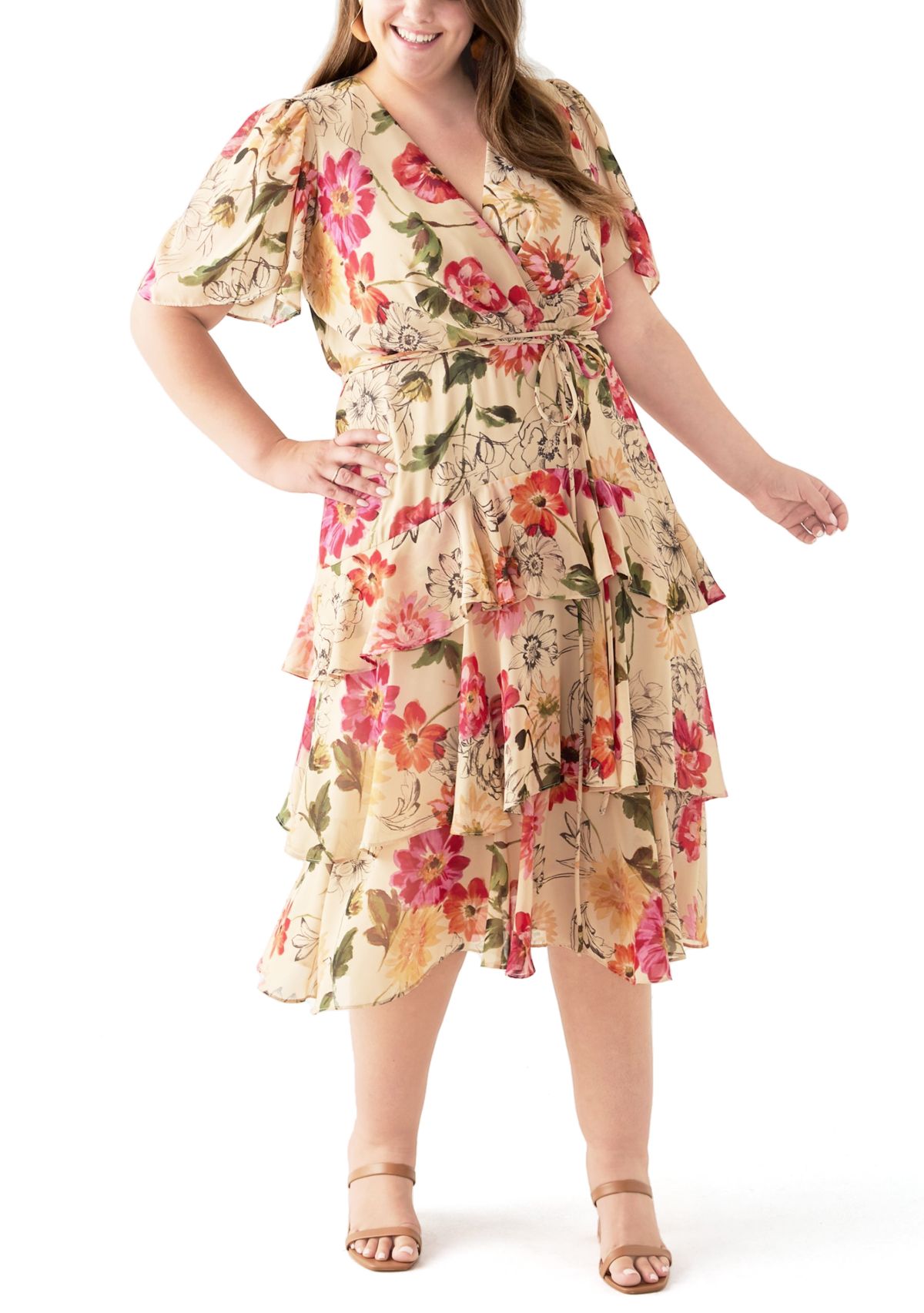 Plus Size Short Sleeve V-Neck Floral Printed Tiered Midi Dress