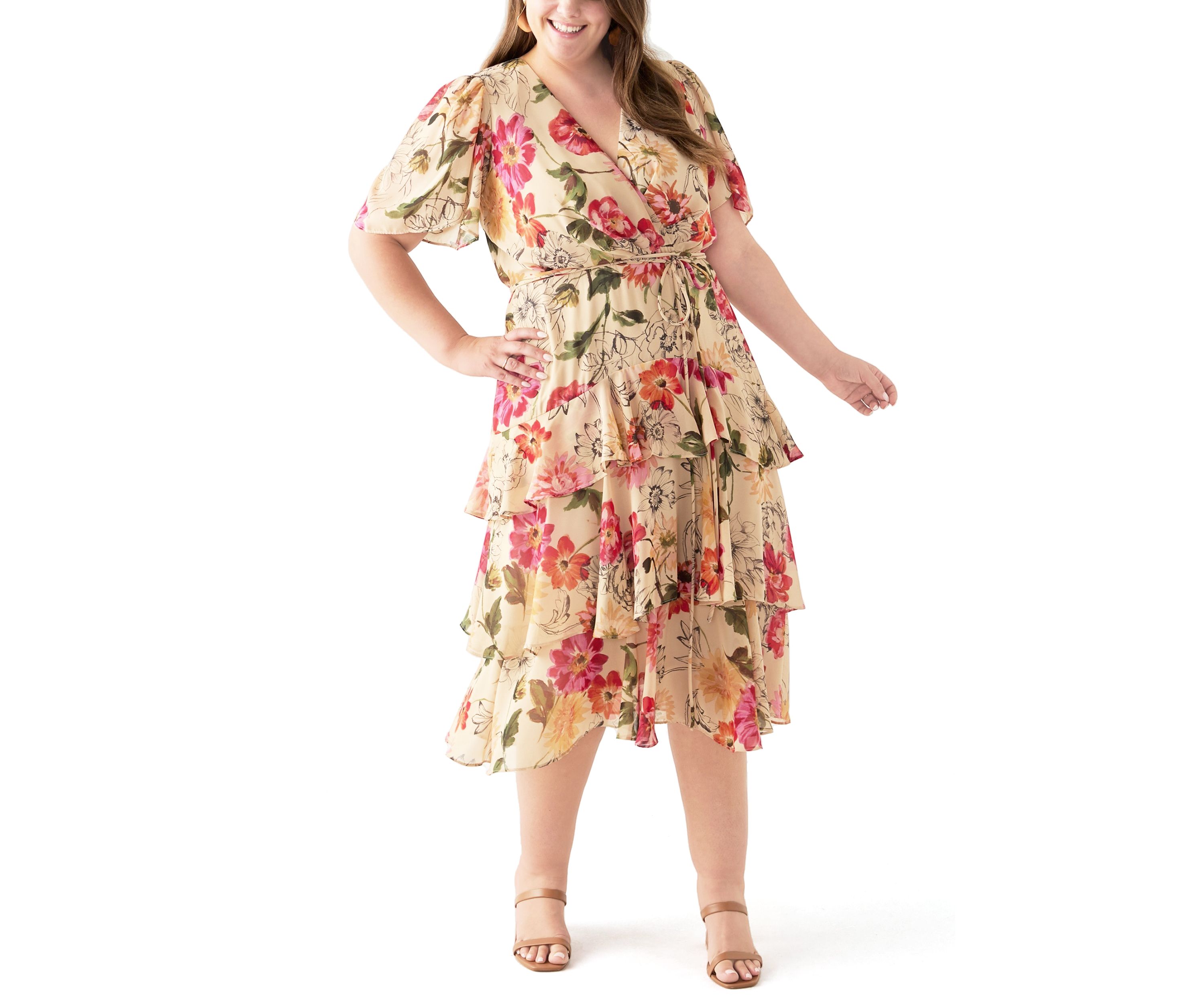 Plus Size Short Sleeve V-Neck Floral Printed Tiered Midi Dress