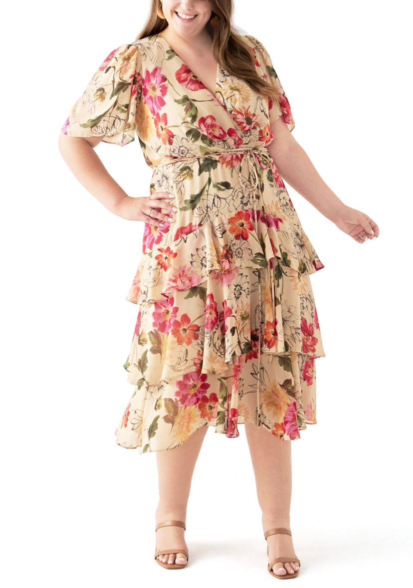 Plus Size Short Sleeve V-Neck Floral Printed Tiered Midi Dress