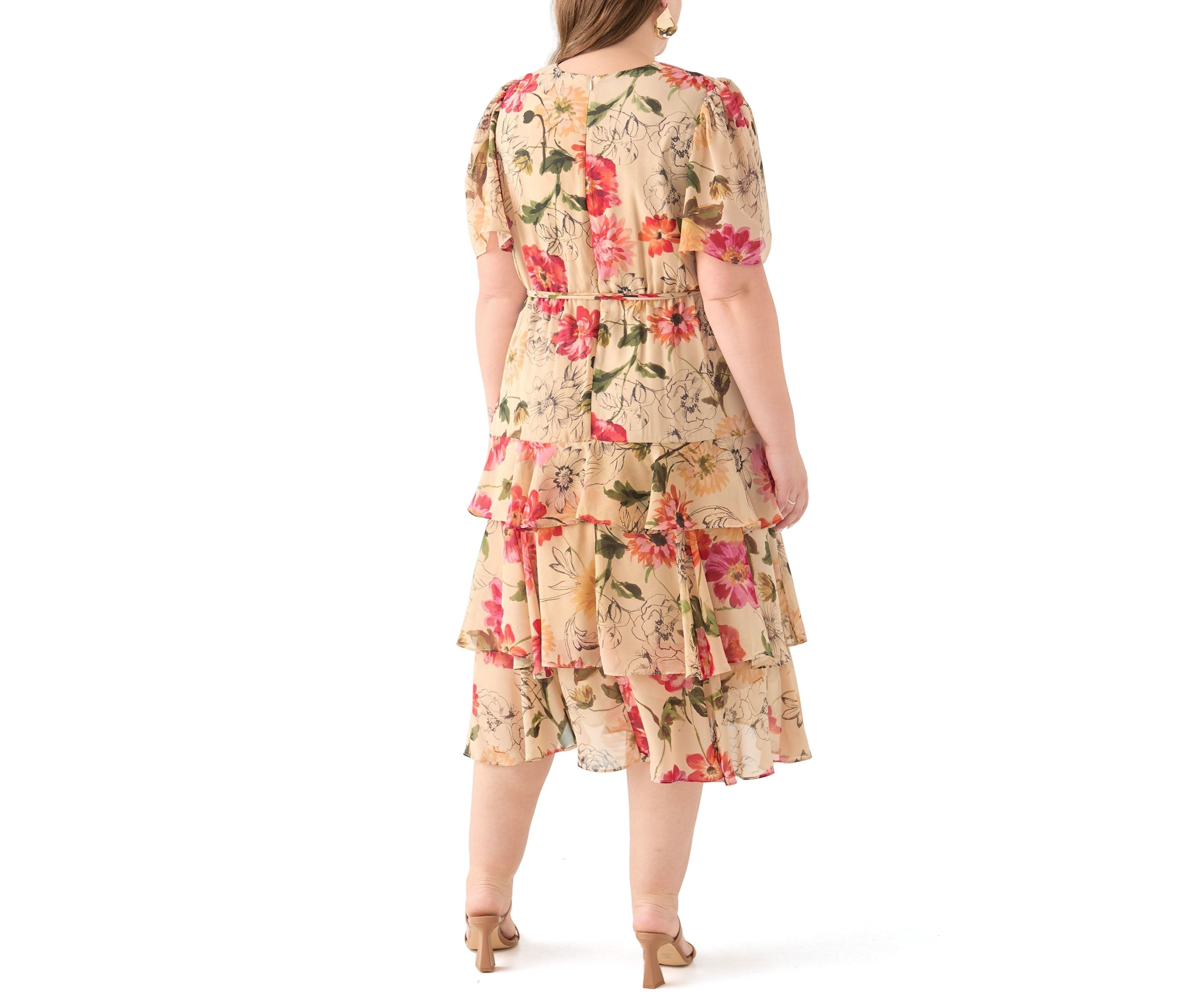 Plus Size Short Sleeve V-Neck Floral Printed Tiered Midi Dress