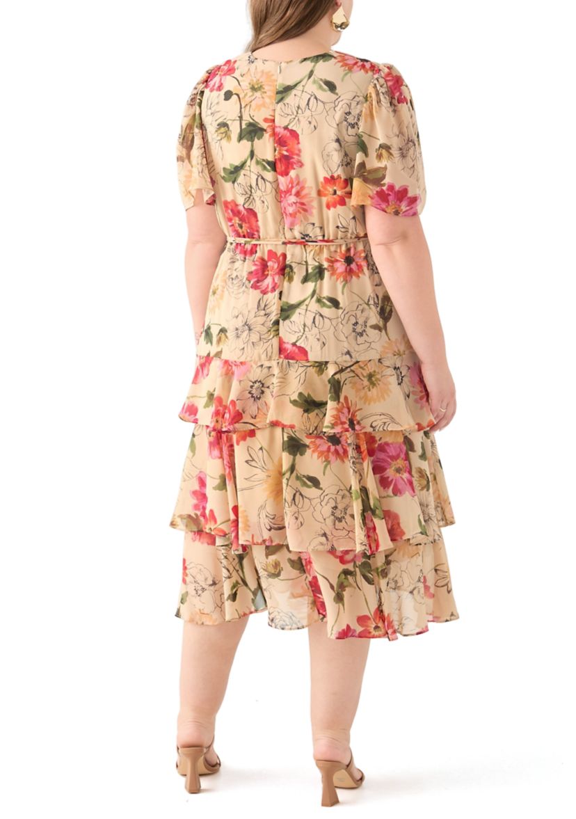 Plus Size Short Sleeve V-Neck Floral Printed Tiered Midi Dress