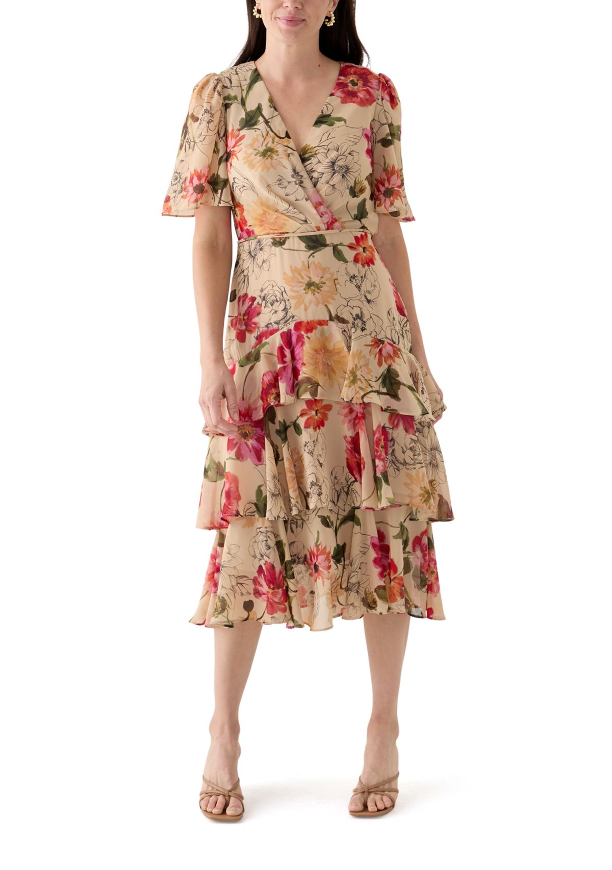 Womens Flutter Sleeve Floral Printed Chiffon Midi Dress