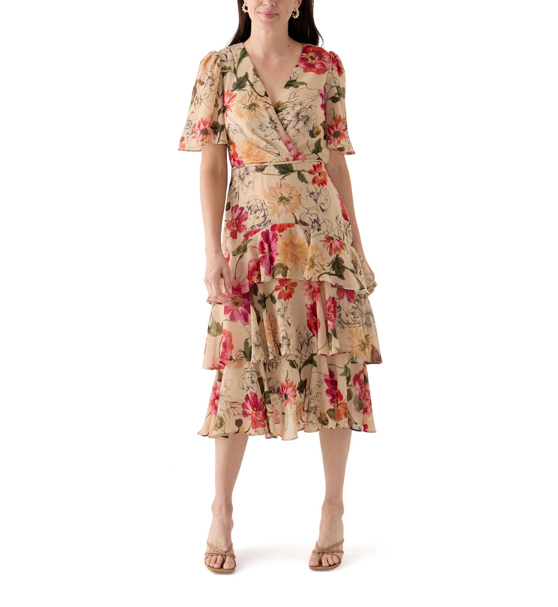 Womens Flutter Sleeve Floral Printed Chiffon Midi Dress