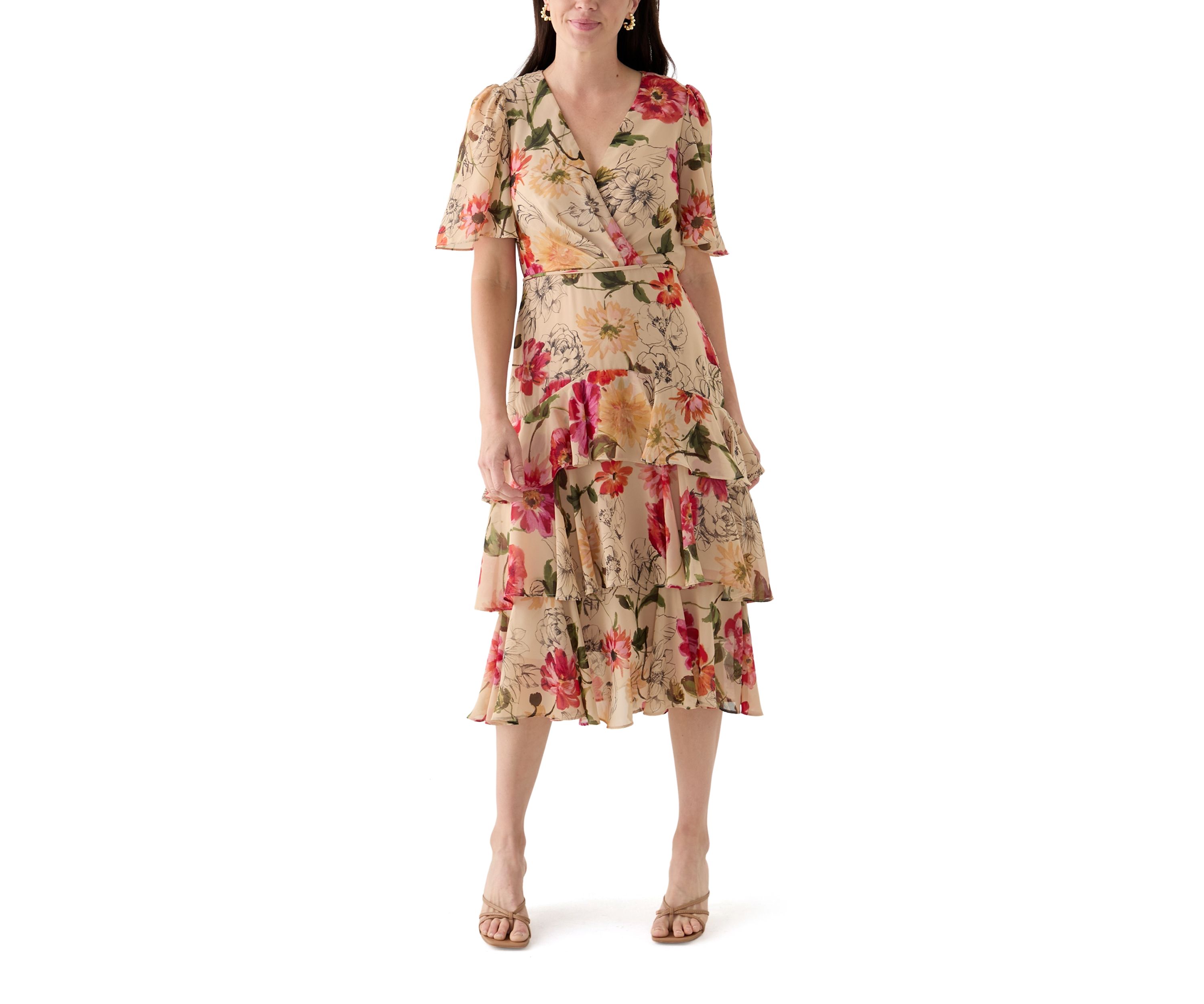 Womens Flutter Sleeve Floral Printed Chiffon Midi Dress