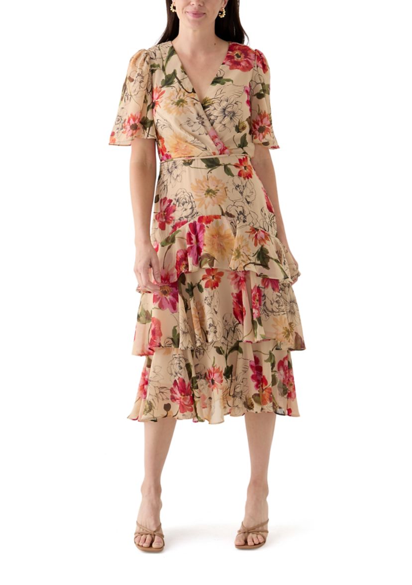 Womens Flutter Sleeve Floral Printed Chiffon Midi Dress