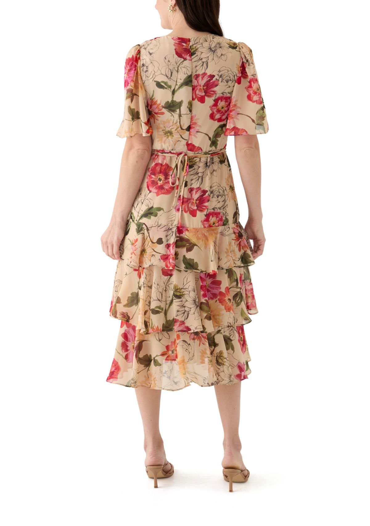 Womens Flutter Sleeve Floral Printed Chiffon Midi Dress