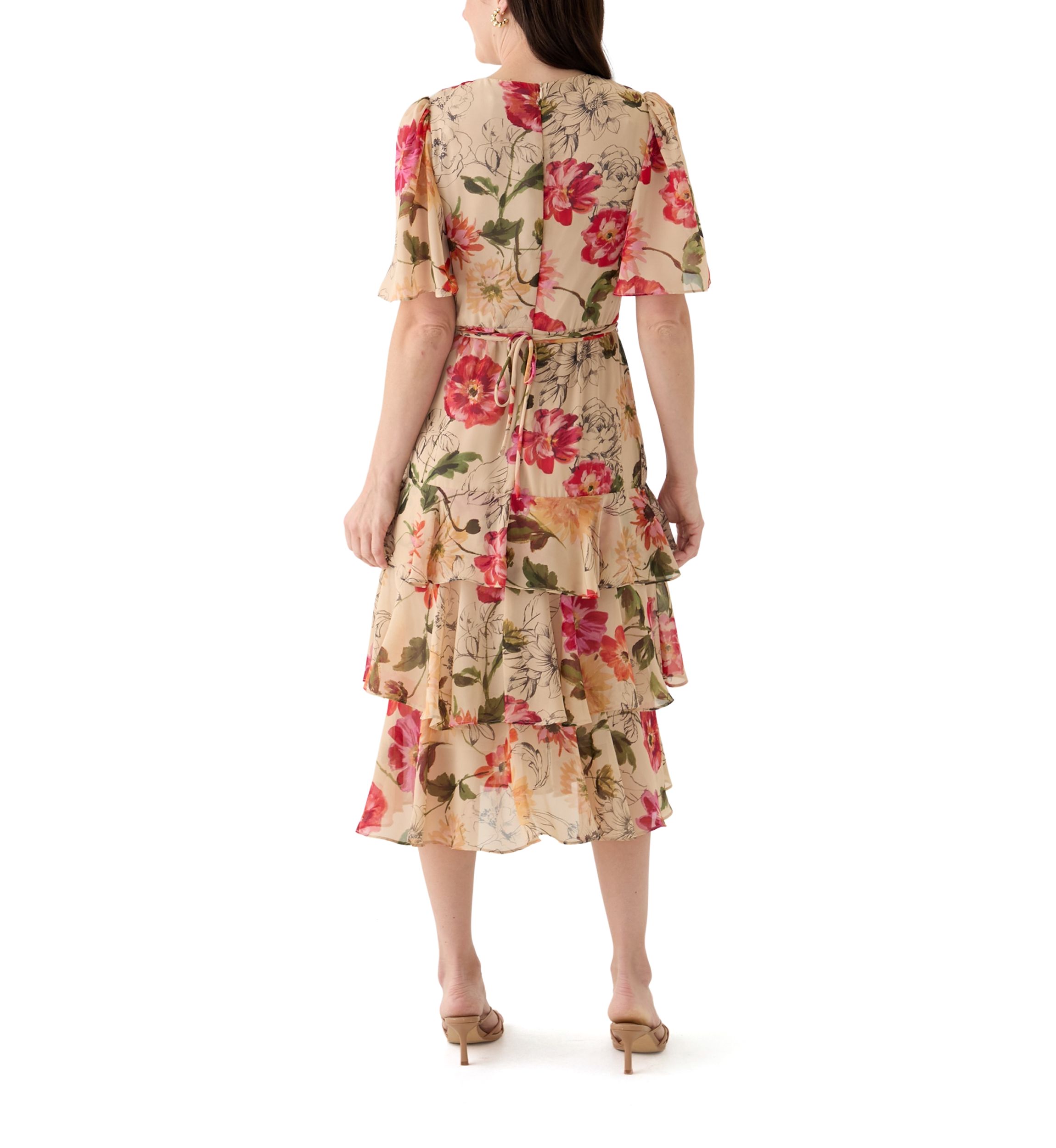 Womens Flutter Sleeve Floral Printed Chiffon Midi Dress