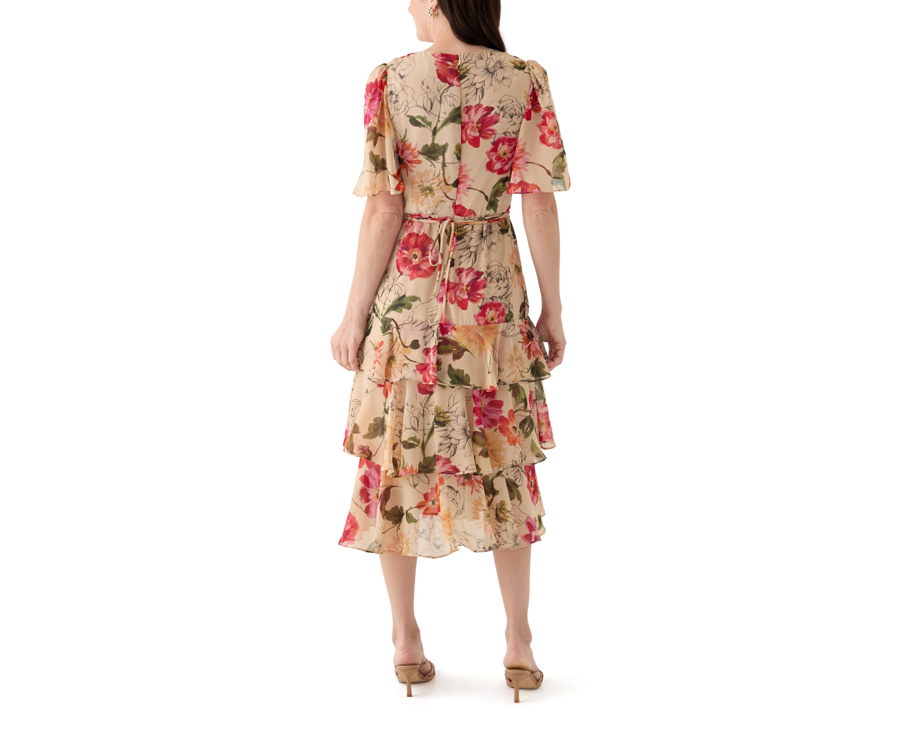 Womens Flutter Sleeve Floral Printed Chiffon Midi Dress