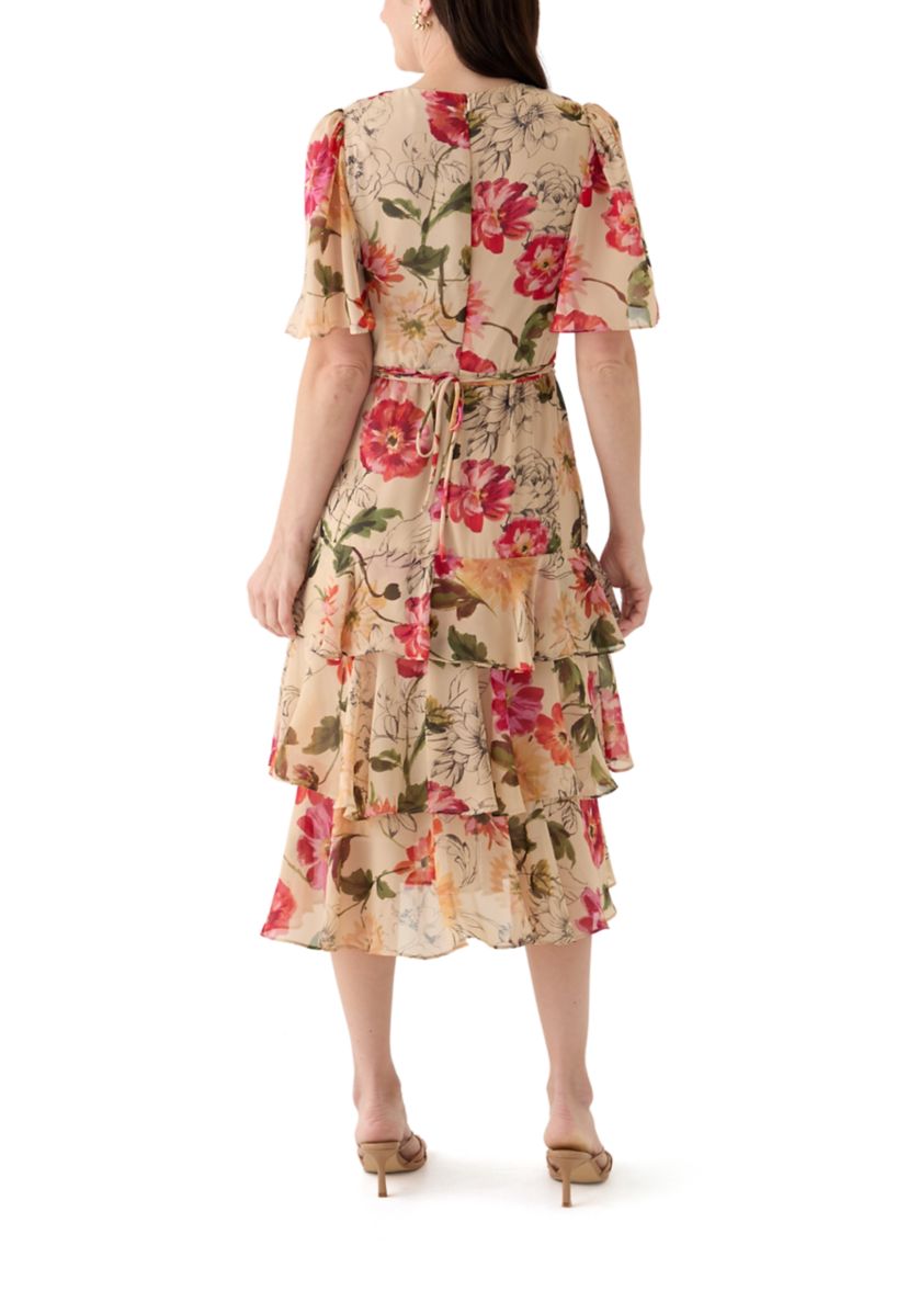Womens Flutter Sleeve Floral Printed Chiffon Midi Dress