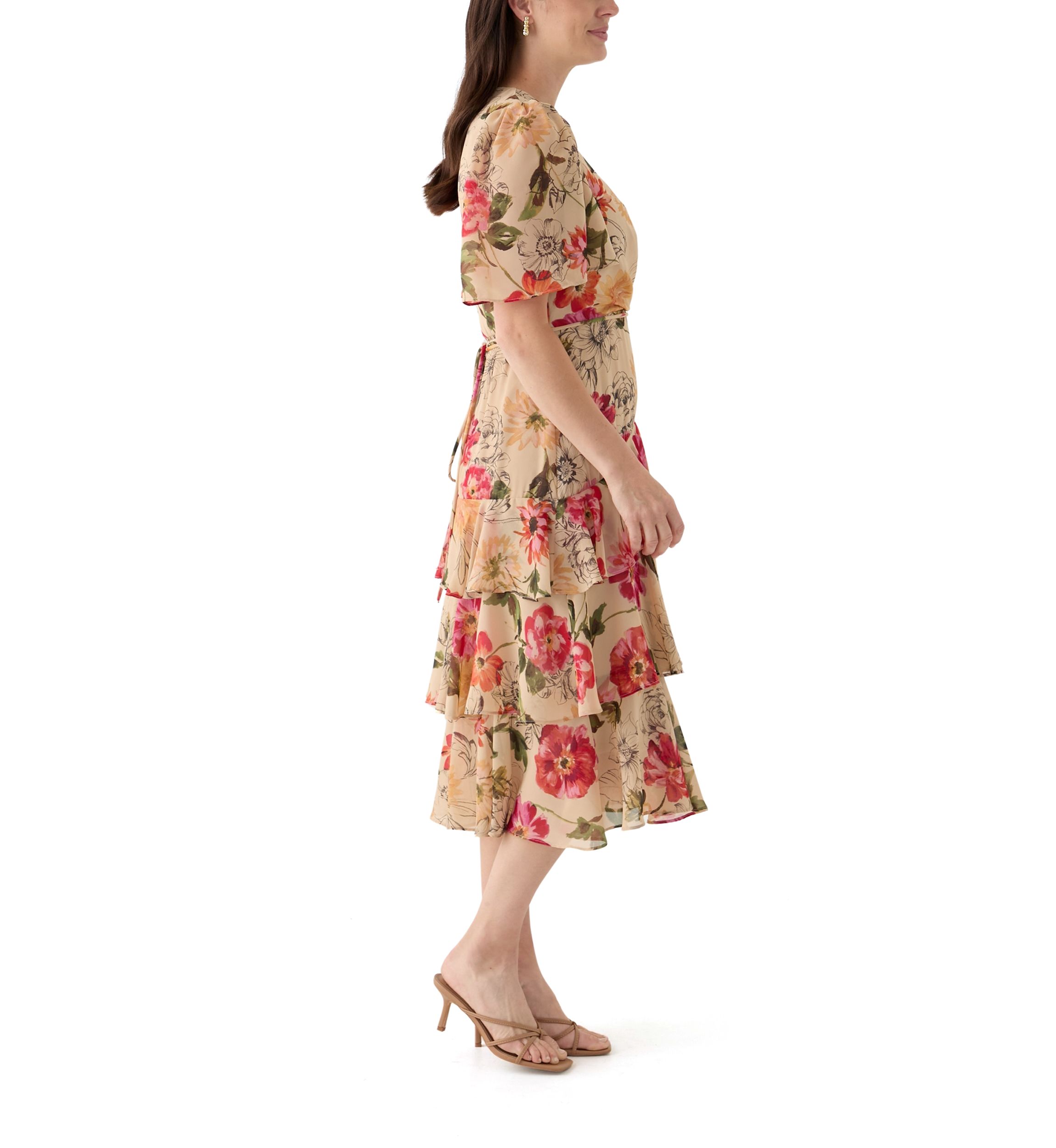 Womens Flutter Sleeve Floral Printed Chiffon Midi Dress