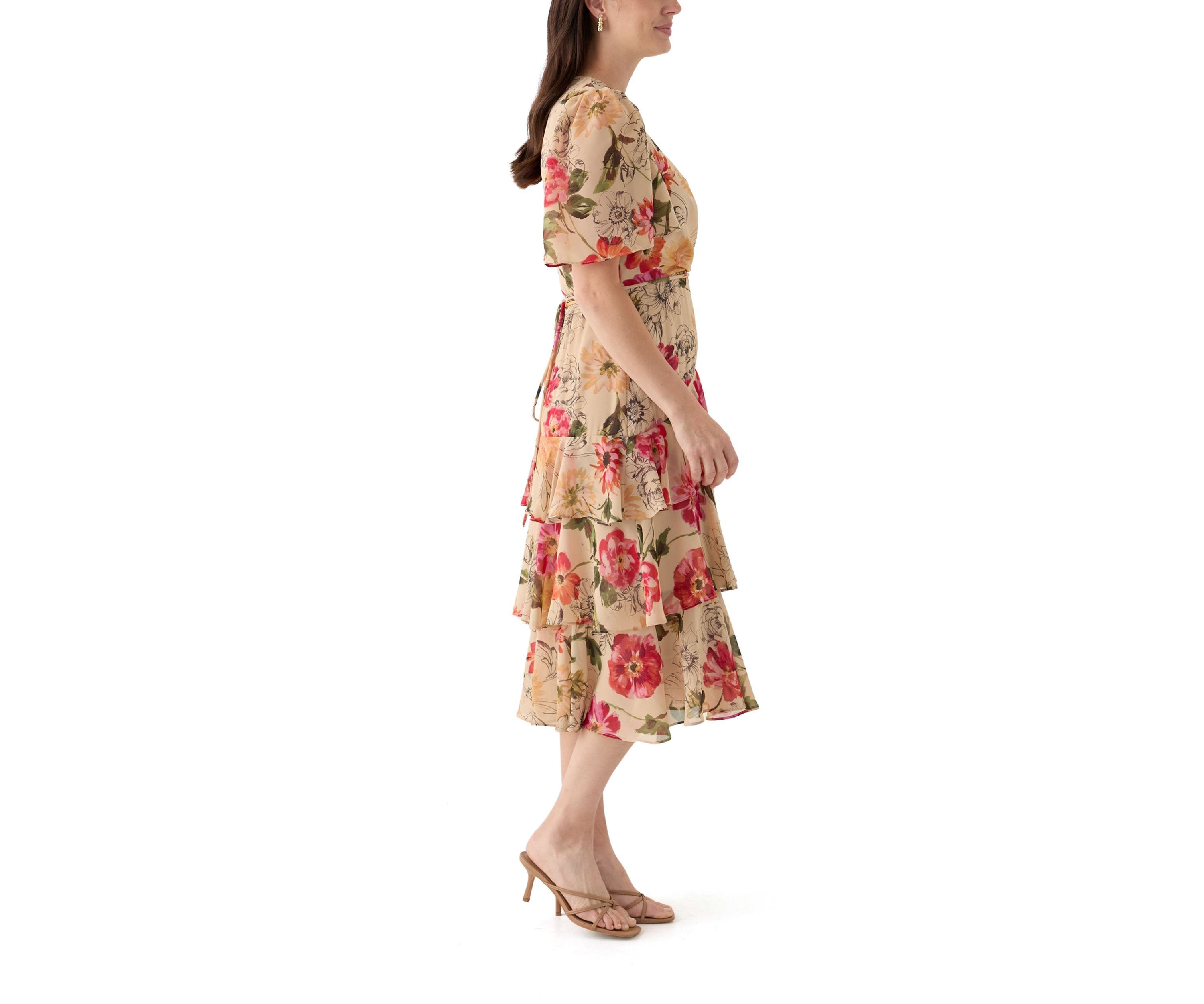 Womens Flutter Sleeve Floral Printed Chiffon Midi Dress