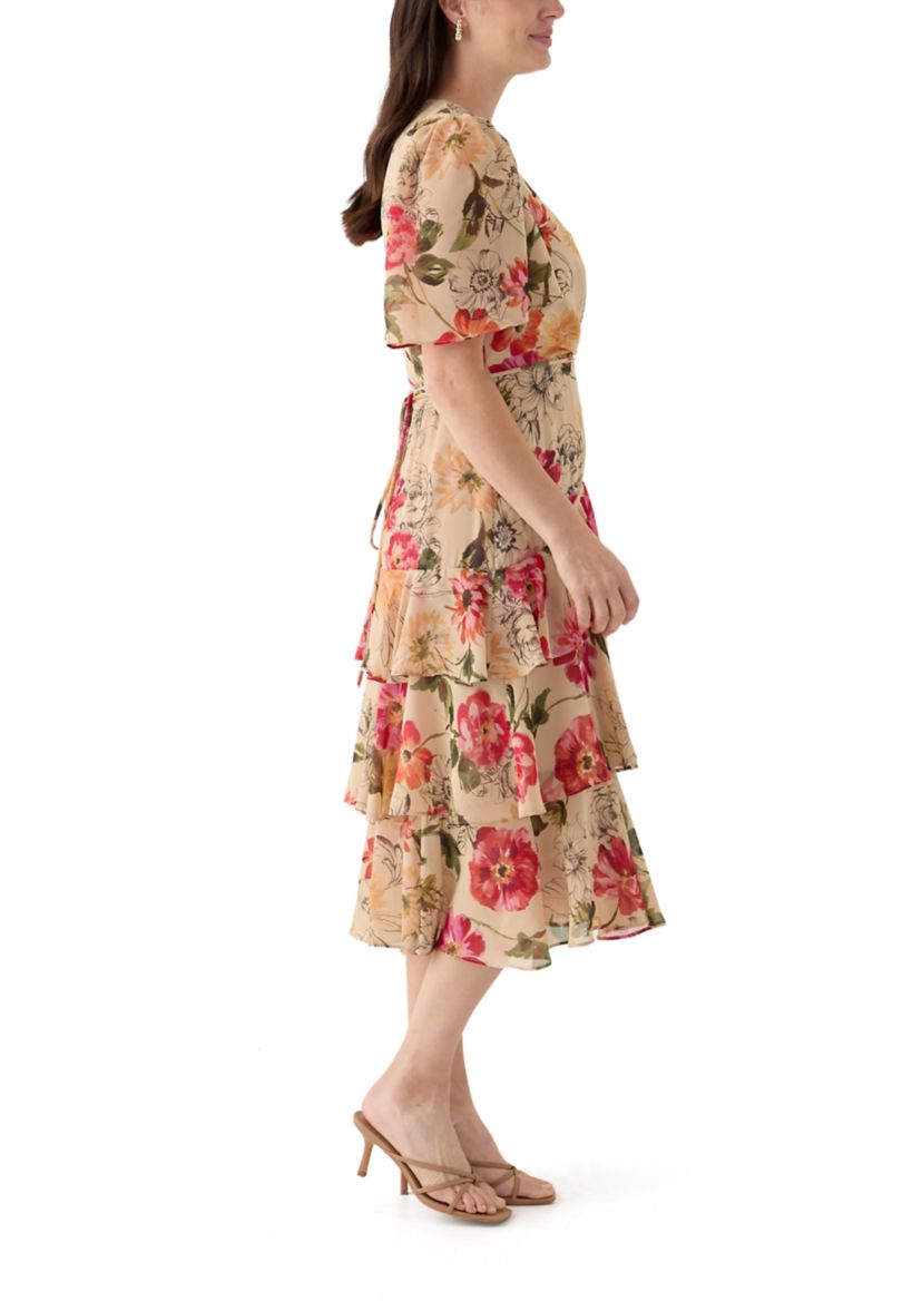 Womens Flutter Sleeve Floral Printed Chiffon Midi Dress