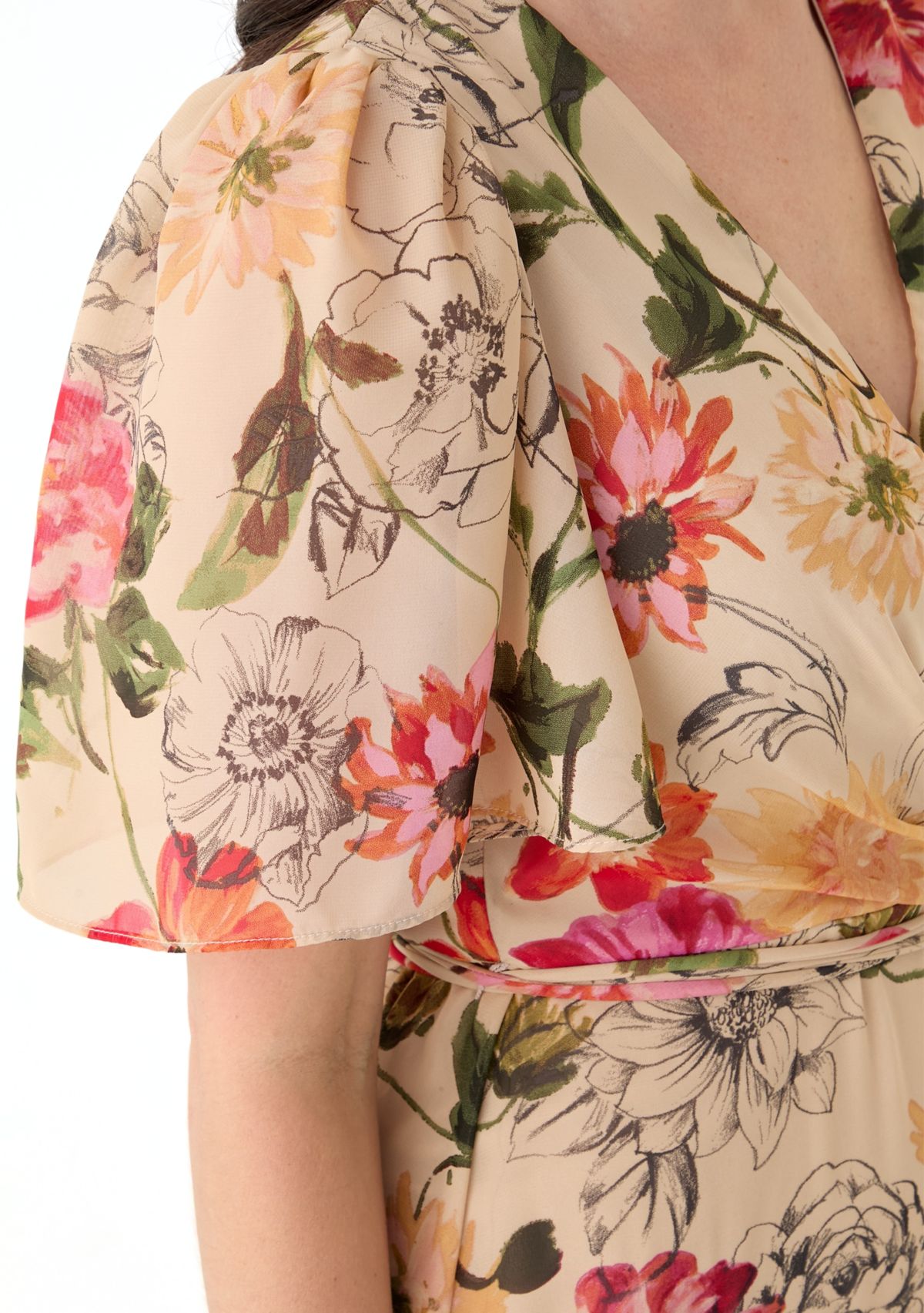 Womens Flutter Sleeve Floral Printed Chiffon Midi Dress