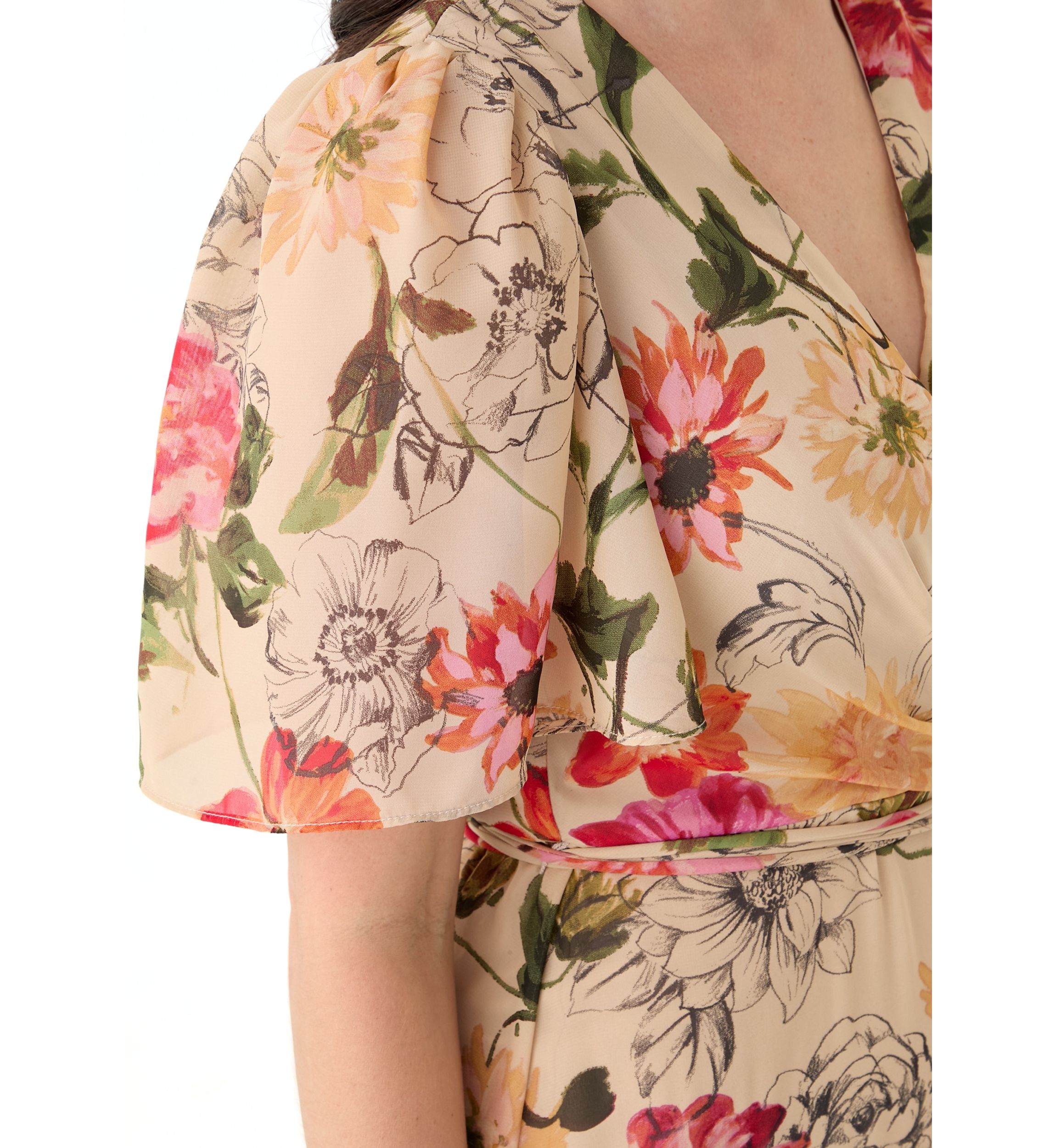 Womens Flutter Sleeve Floral Printed Chiffon Midi Dress