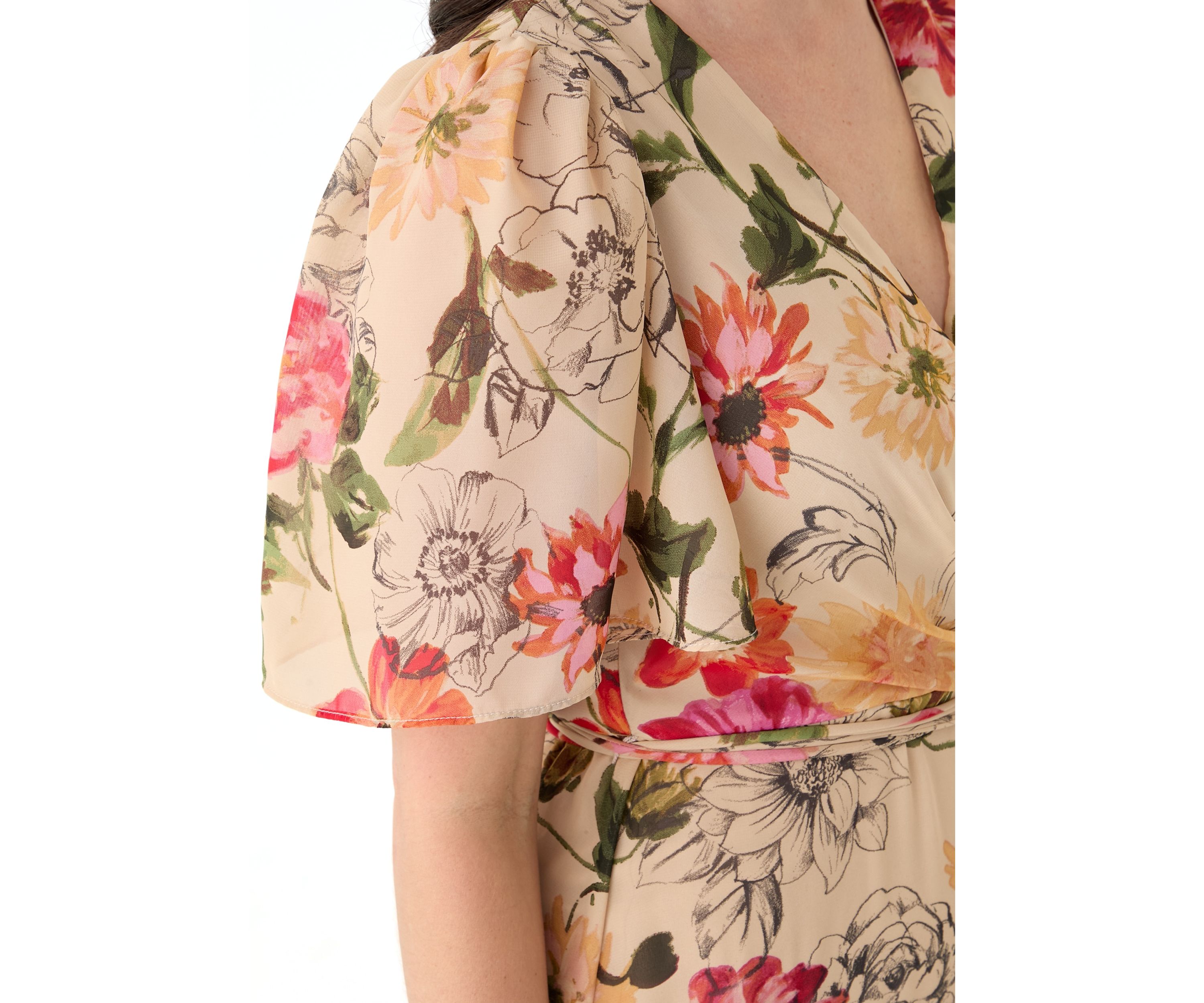 Womens Flutter Sleeve Floral Printed Chiffon Midi Dress