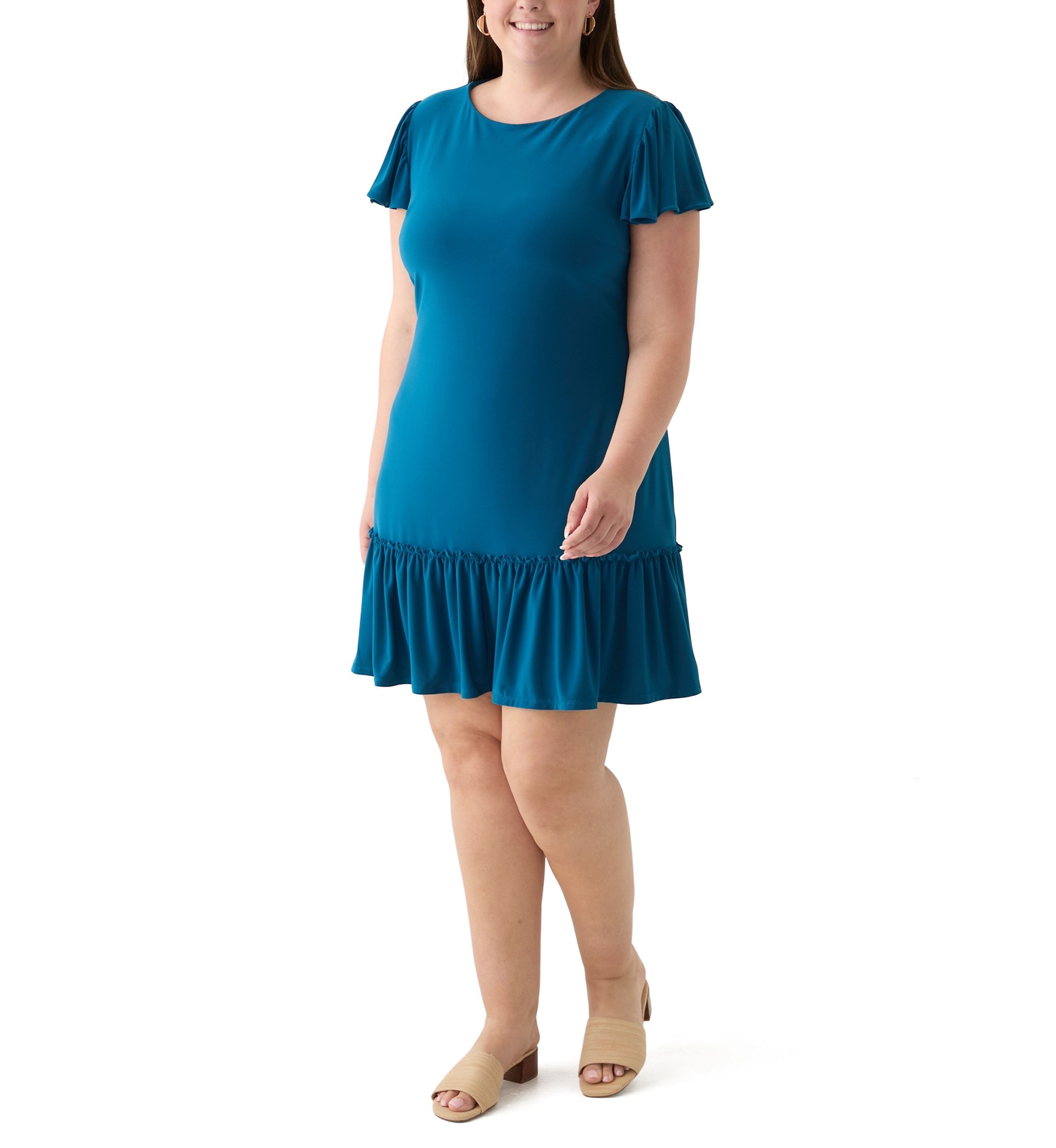 Plus Size Short Sleeve Crew Neck Solid Ruffle Hem A-Line Dress