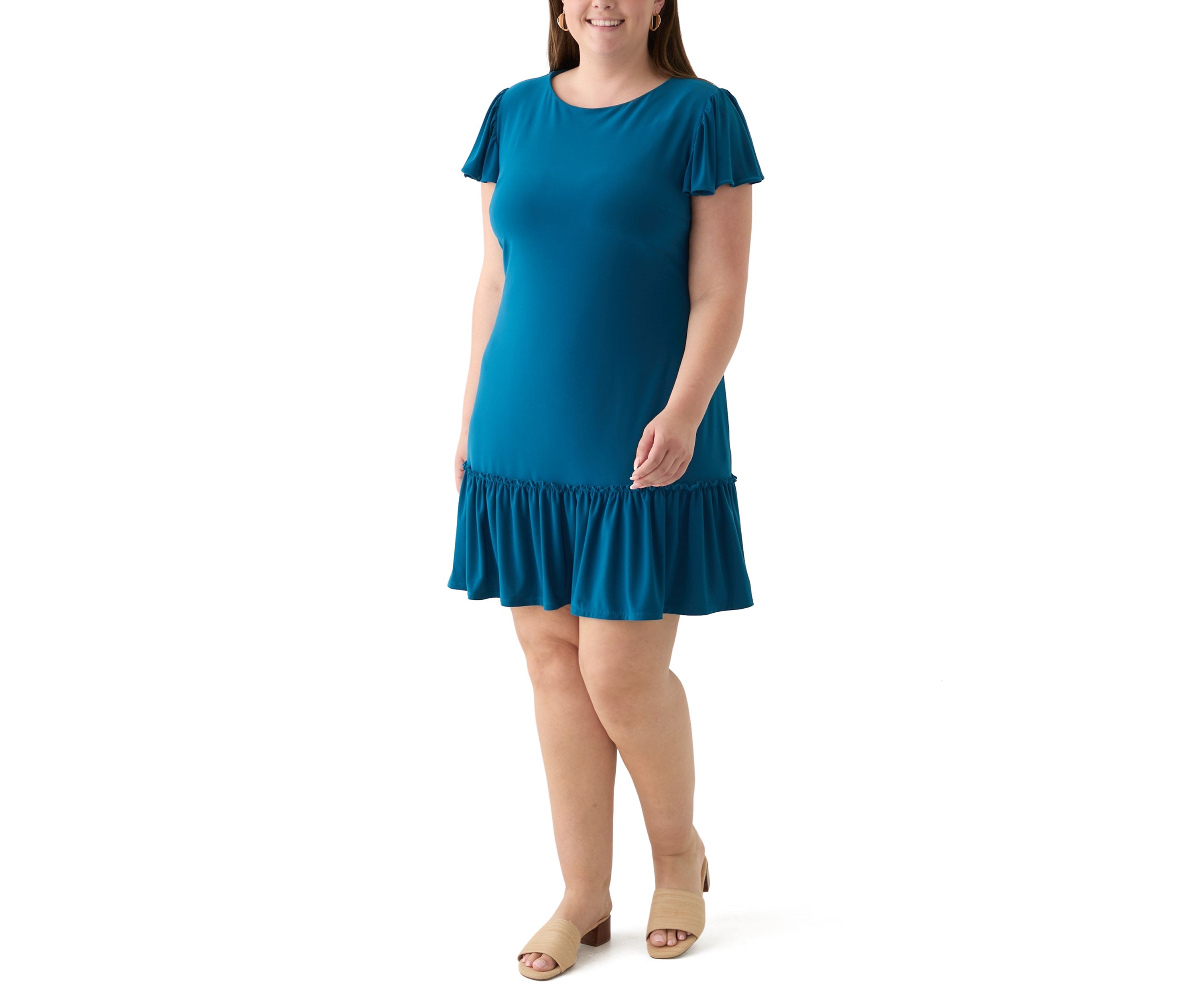 Plus Size Short Sleeve Crew Neck Solid Ruffle Hem A-Line Dress