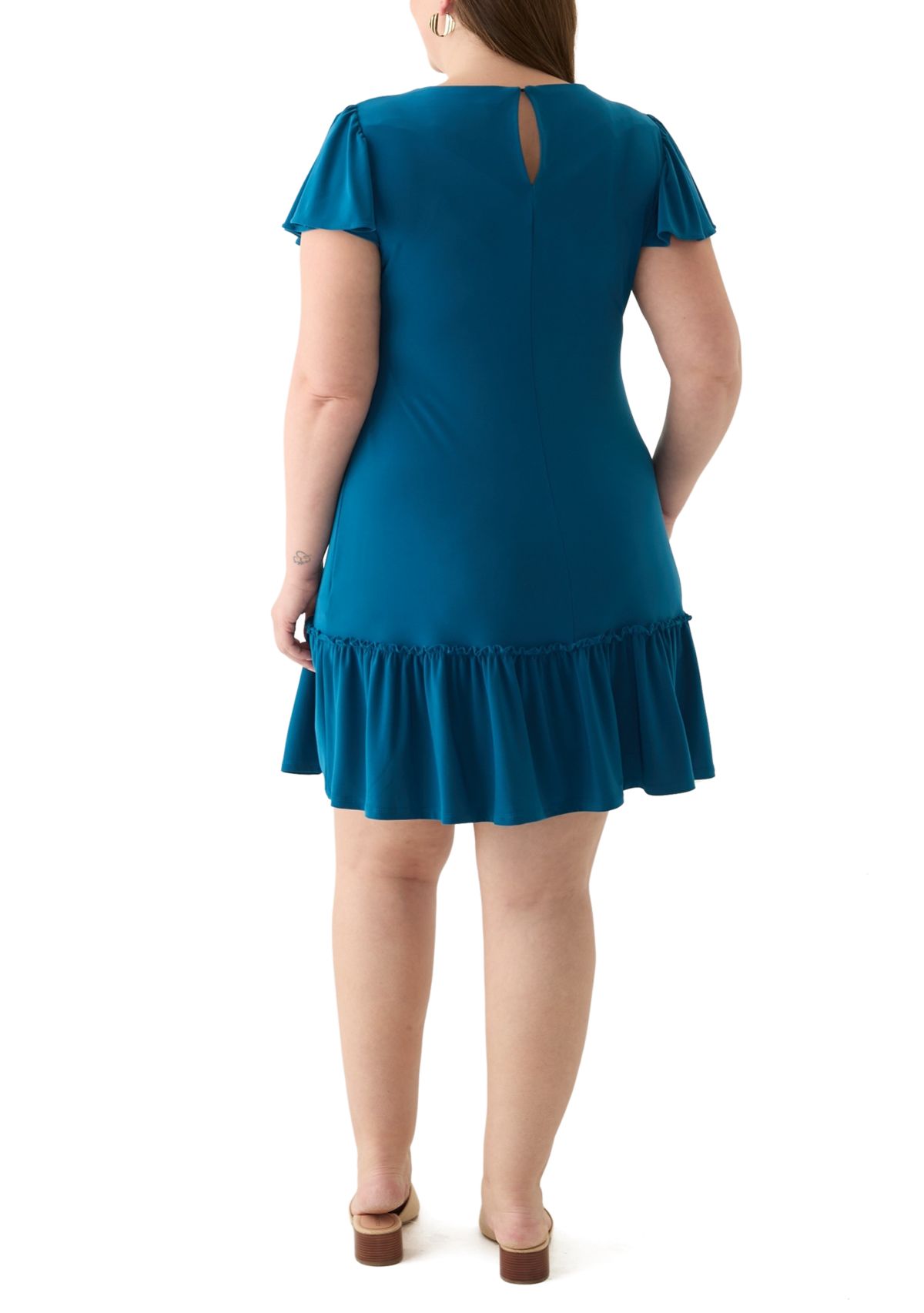 Plus Size Short Sleeve Crew Neck Solid Ruffle Hem A-Line Dress