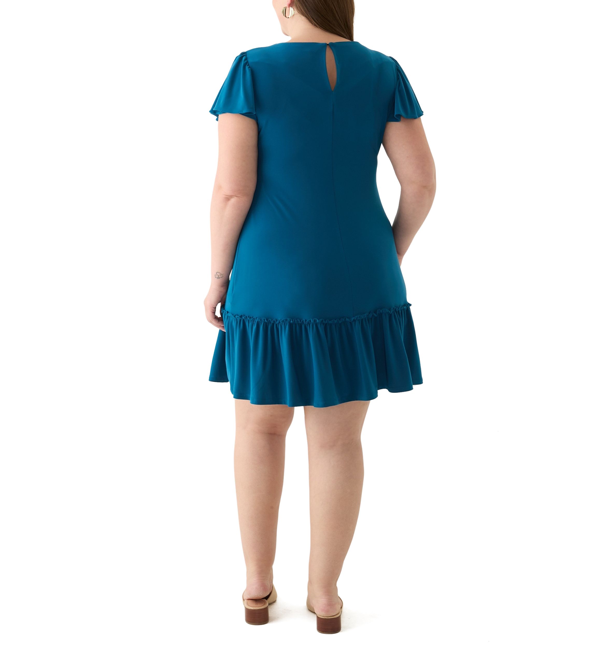 Plus Size Short Sleeve Crew Neck Solid Ruffle Hem A-Line Dress