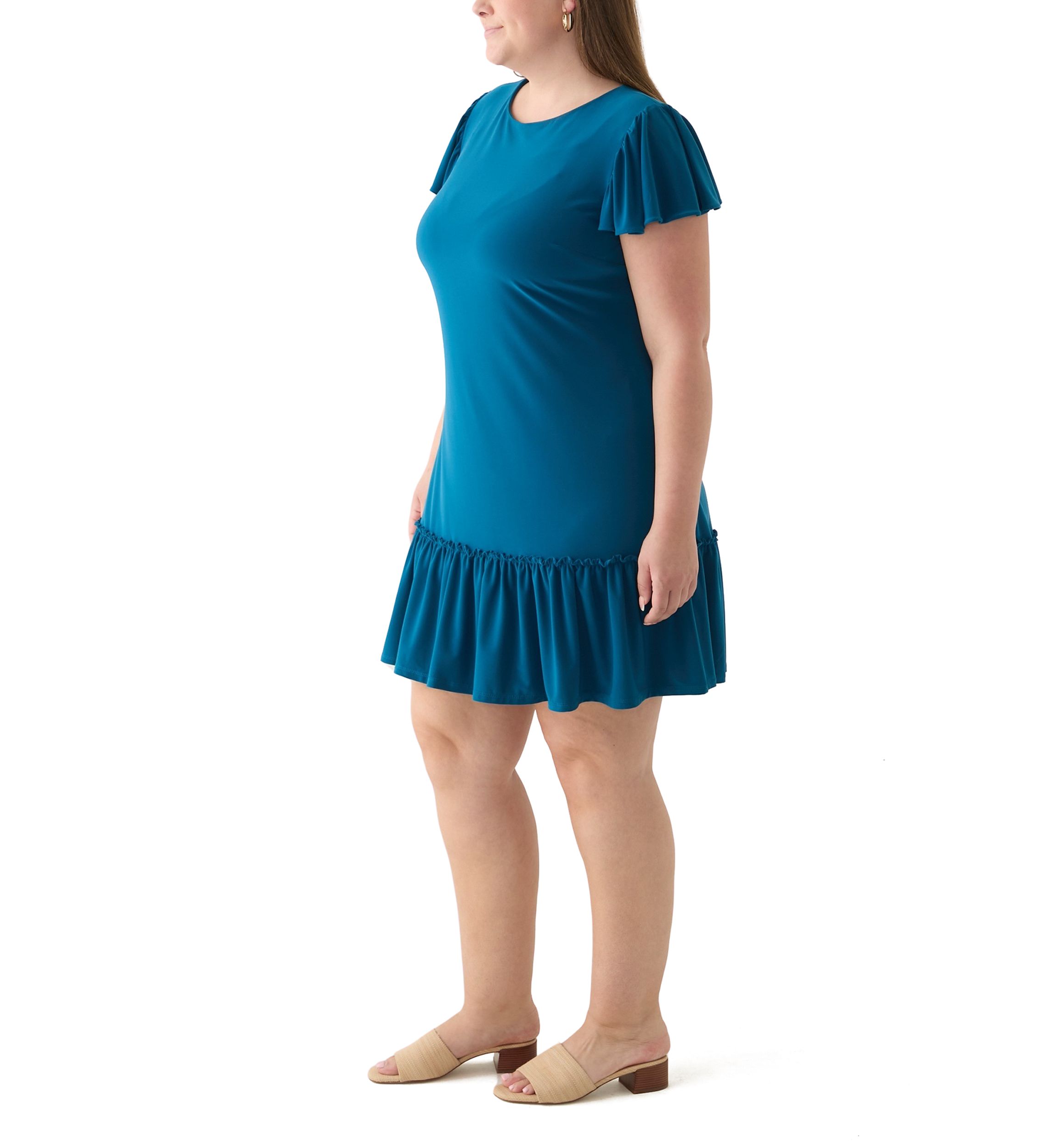 Plus Size Short Sleeve Crew Neck Solid Ruffle Hem A-Line Dress